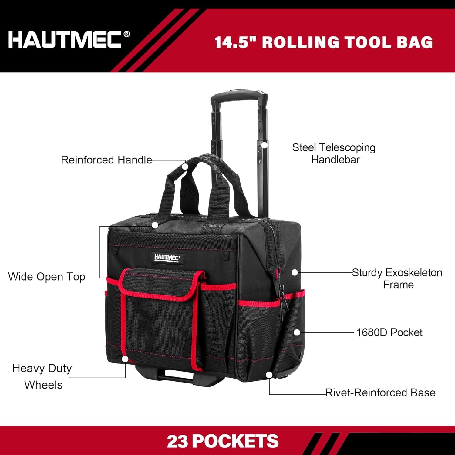 2-Piece Rolling Tool Bag Set, 15″ Wheeled Tool Bag & Wide Mouth Tool Tote, Heavy