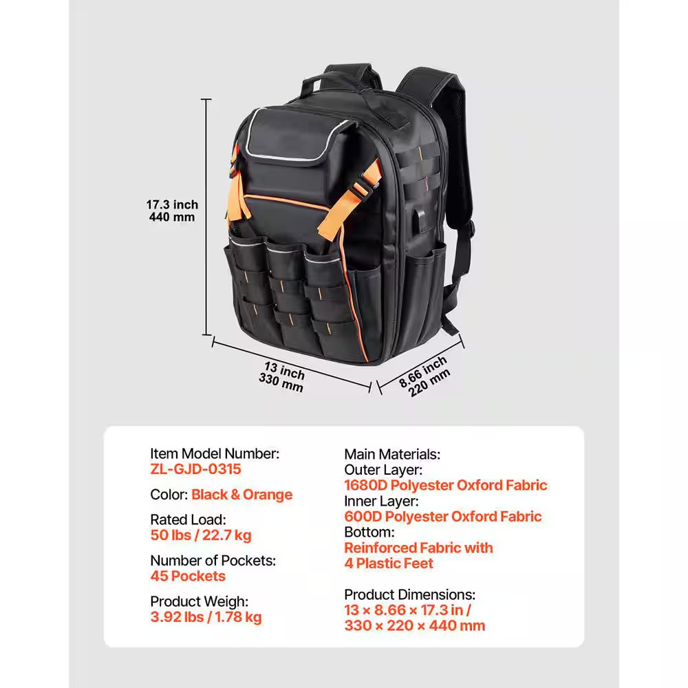 Tool Backpack, 45 Pockets, Heavy-Duty Tools Storage Organizer Work Bags with Lap