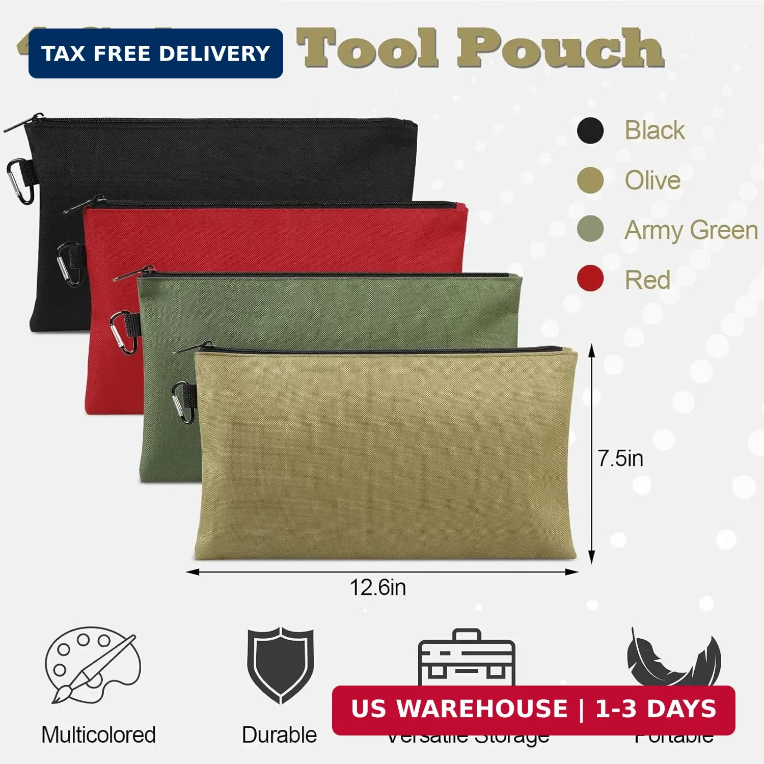 4 Pack Tool Bag, Premium Tool Pouch Zipper Bag, 12″ Tool Pouch with Zipper, Mult