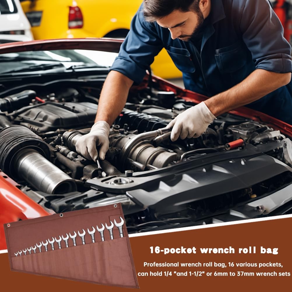 Tool Organizers, 16 Pockets Wrench Roll Organizer,Rolled 58 * 47cm, brown
