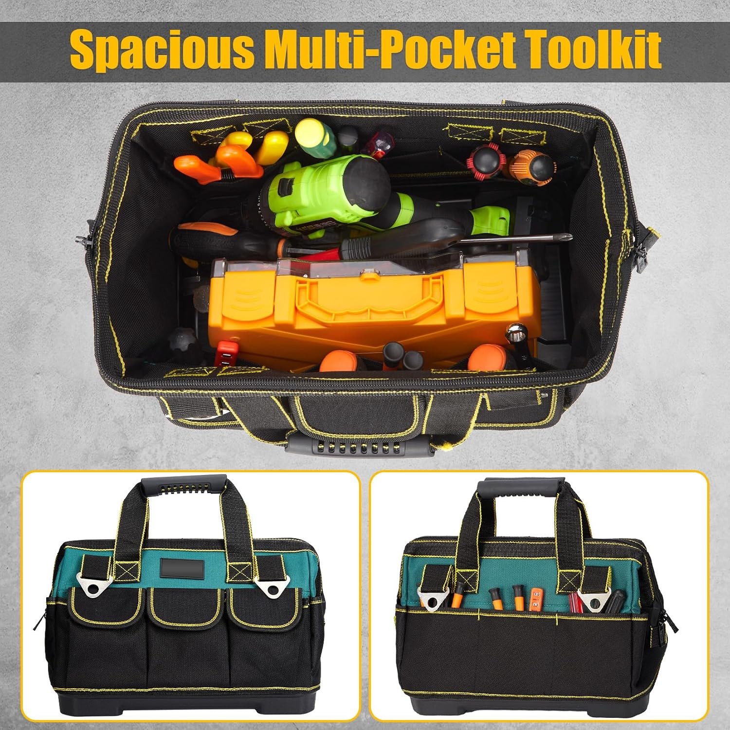 Waterproof Tool Tote 17 Inch Heavy Duty Oxford Bag Molded Base Multi Pocket Wide