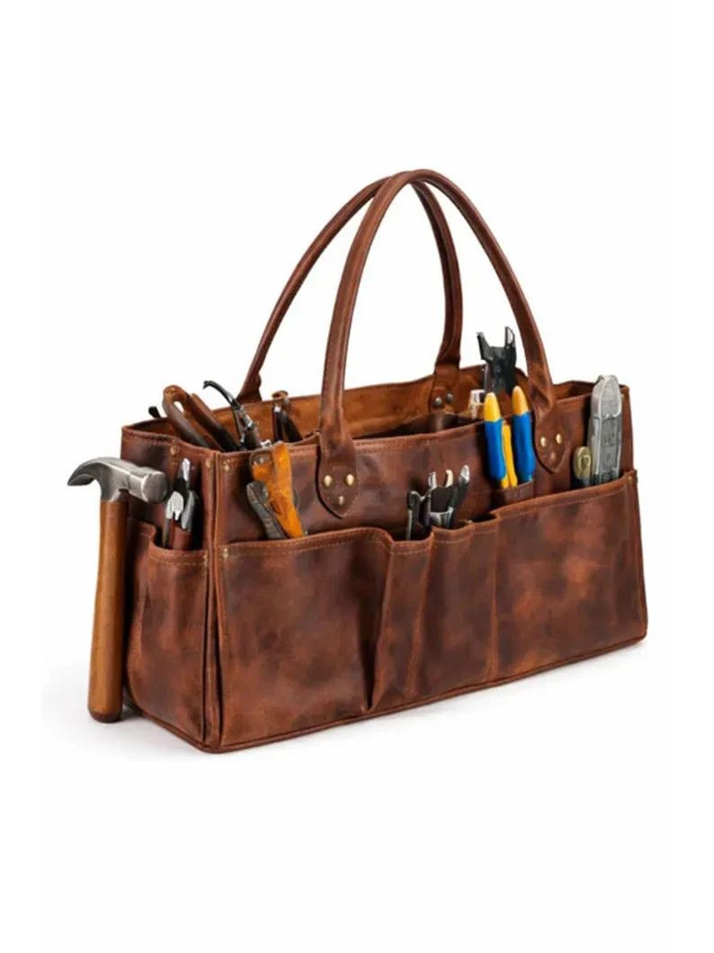 Leather Tool Bag Heavy Duty Tool Tote Electrician Carpenter Organizer Brown