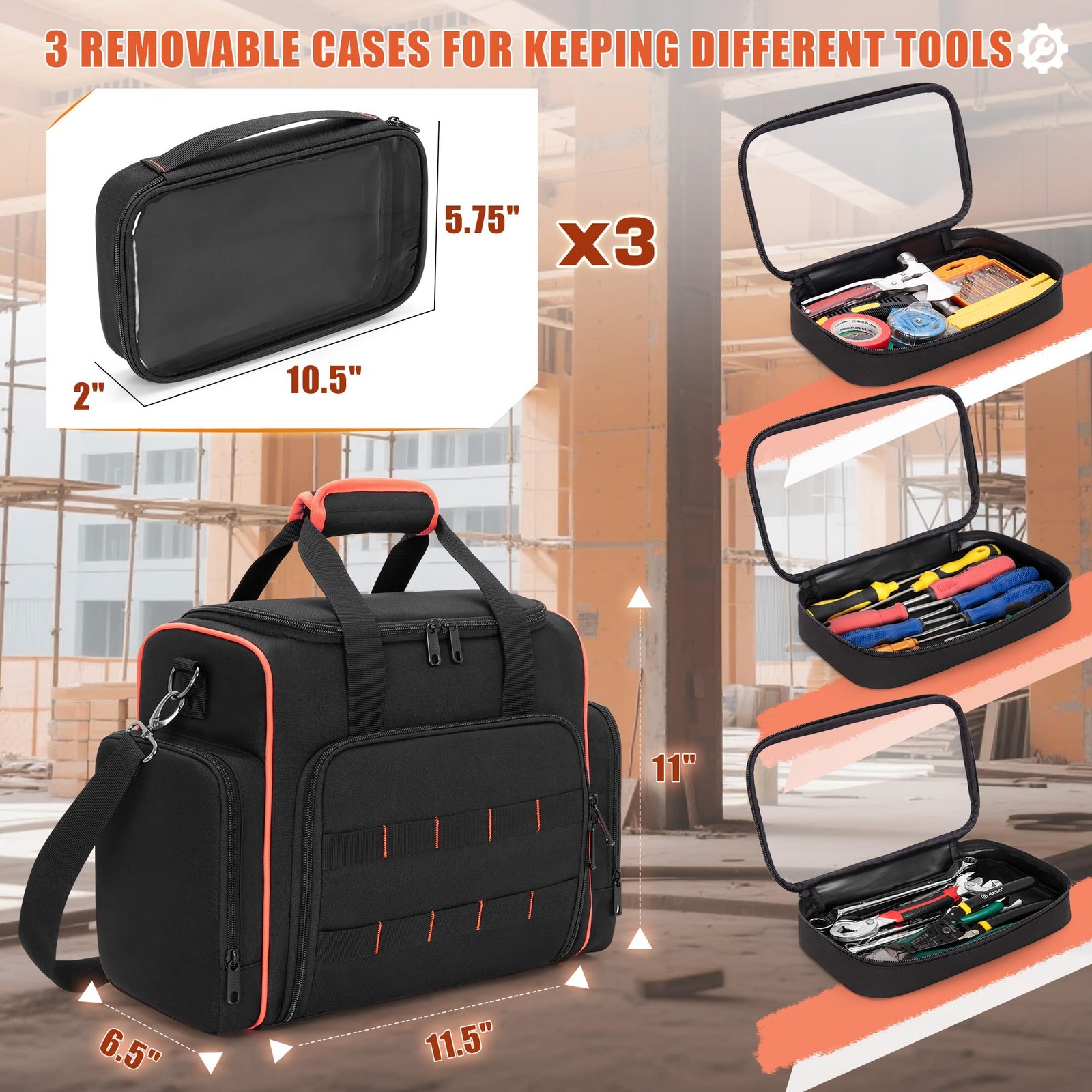 Tool Bag 3 Removable Cases 2 Layers Tote Hand Tools Black Red Binding Carrier