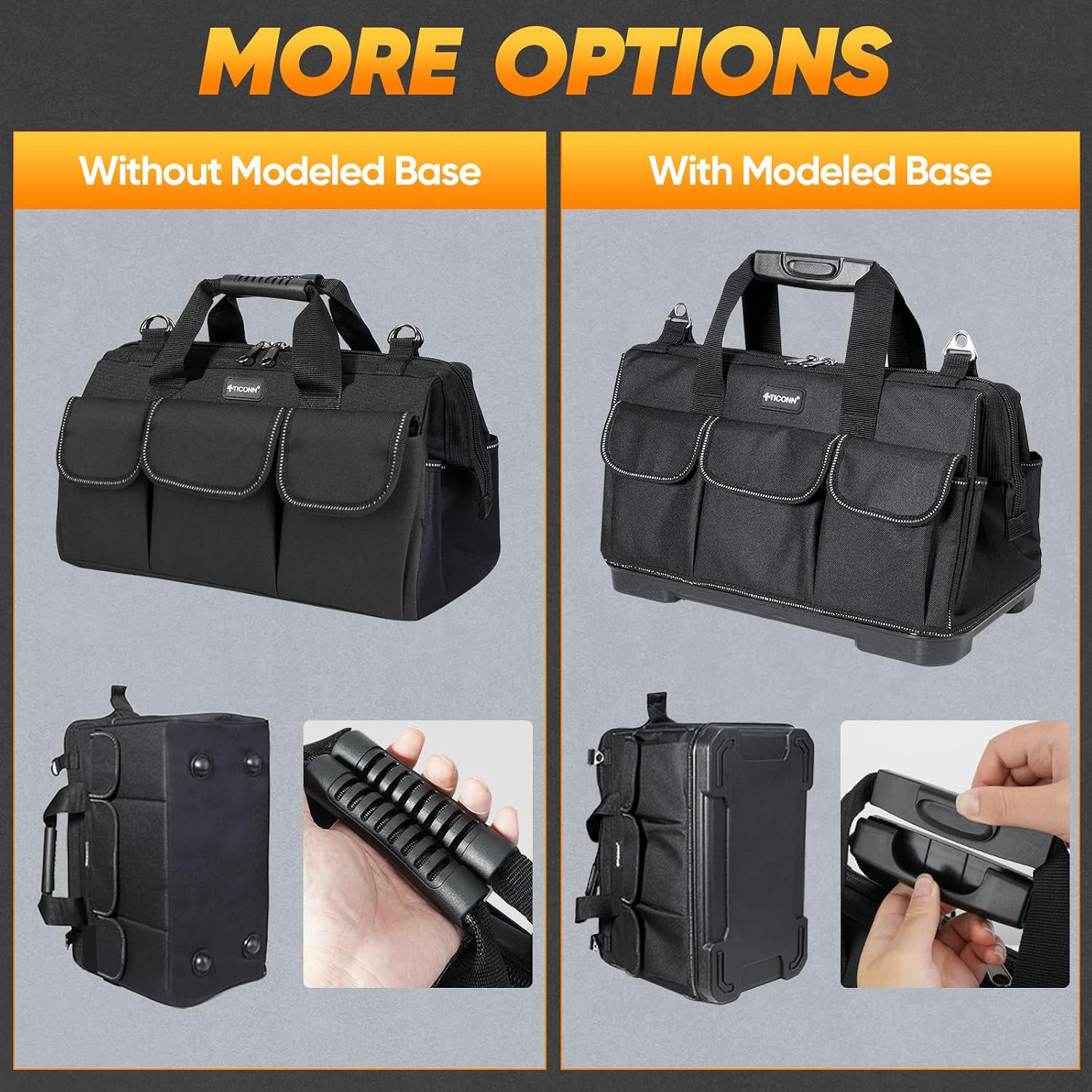 TICONN 16In Tool Bag with Waterproof Soft Bottom, Multi-Pockets Wide Mouth Tool