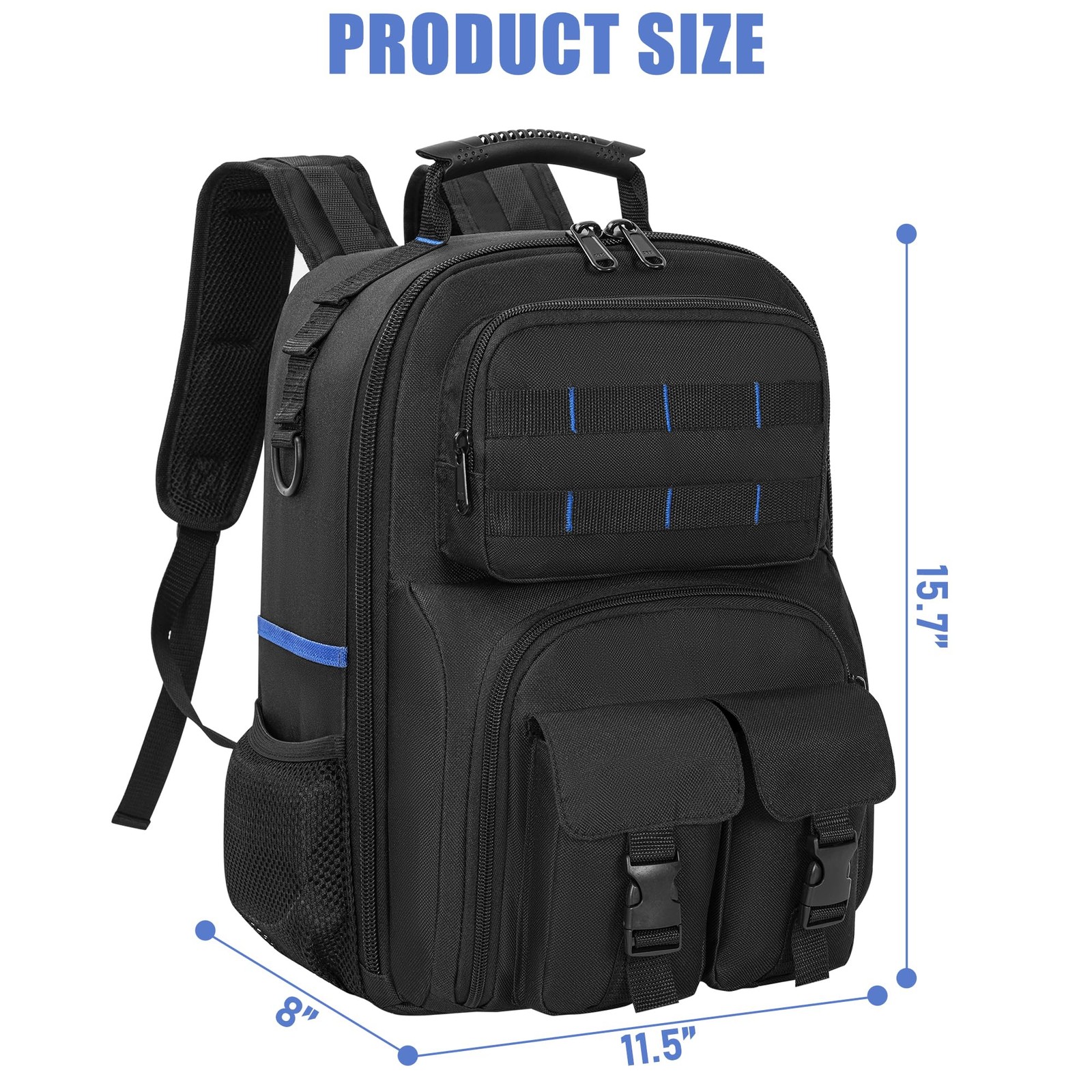 LASUK Heavy Duty Backpack Tool Bag, Water-resistant Black&Blue
