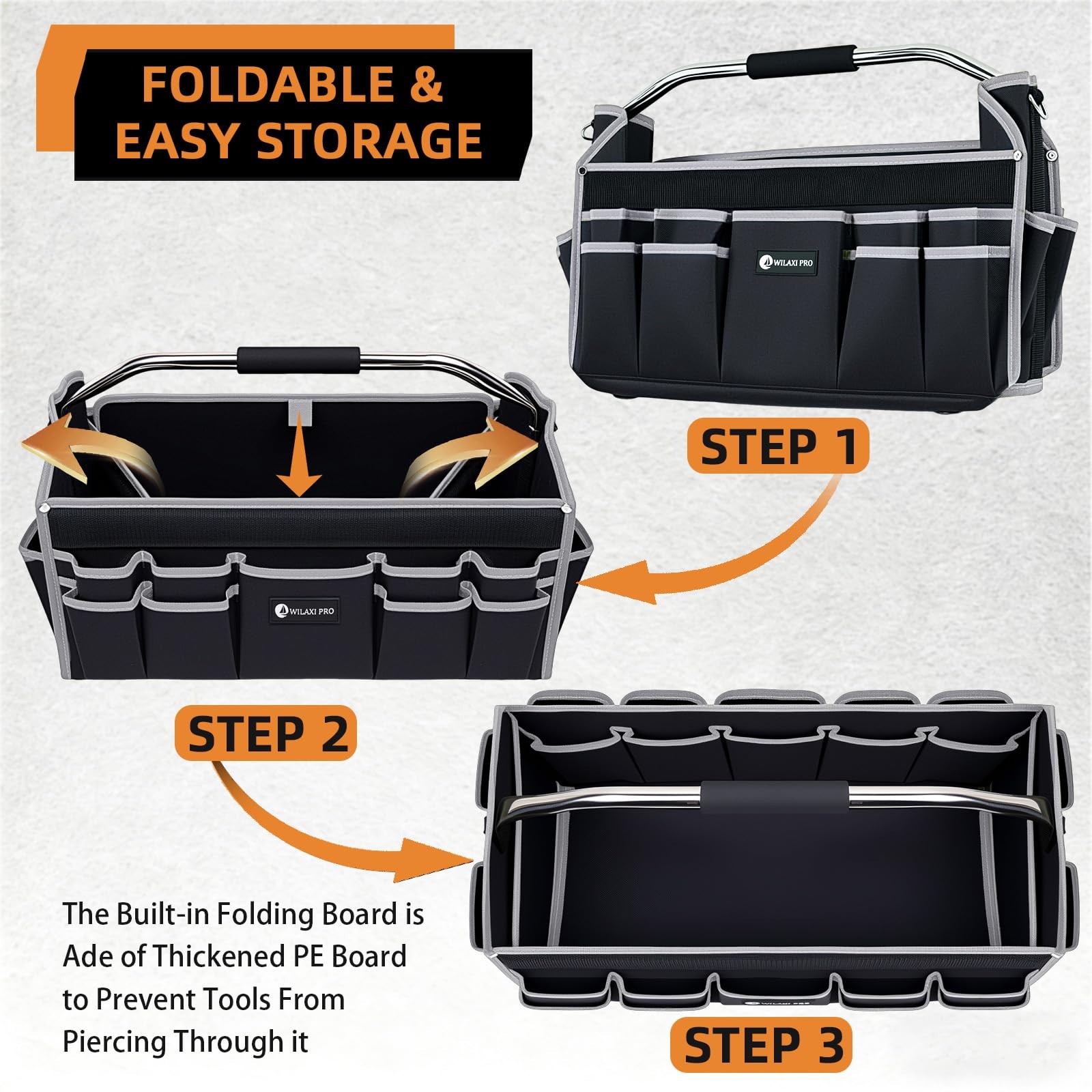 20 In Foldable Open Top Tool Bag Carrier Tote Handle 22 Pockets Grey