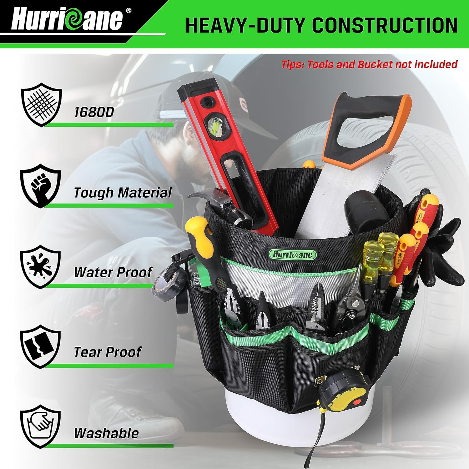 HURRICANE 5 Gallon Bucket Tool Bag Organizer, Garden Tool Caddy with 52 Pockets,
