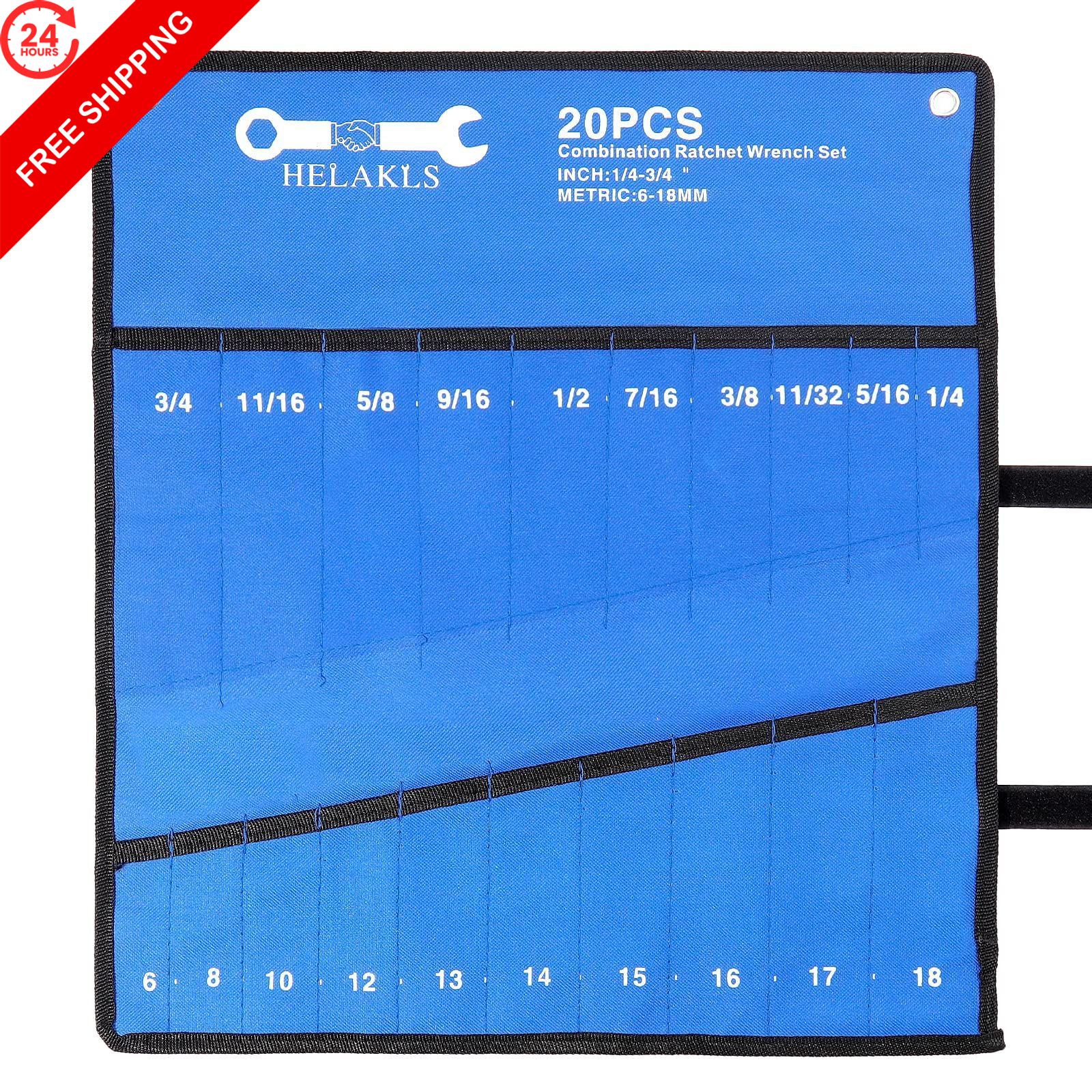 HELAKLS 20 Pockets Metric & SAE Wrench Tool Roll Up Pouch Utility Heavy blue