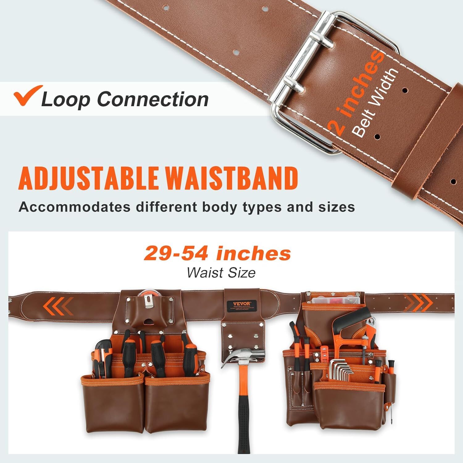 VEVOR Genuine Leather Professional Tool Belt Suspenders, 29-54” Adjustable, 19 P