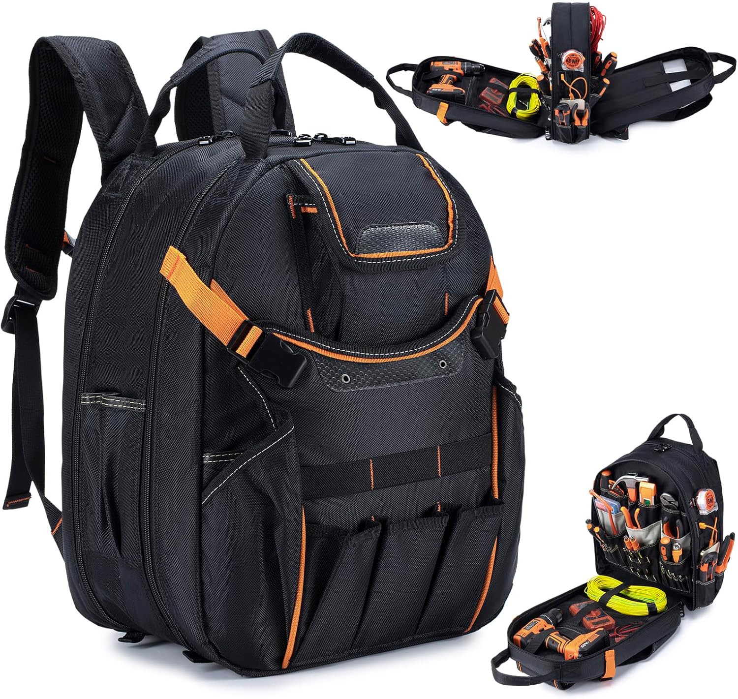 Durable Tool Backpack with 45 Pockets & Laptop Compartment – Black/Orange