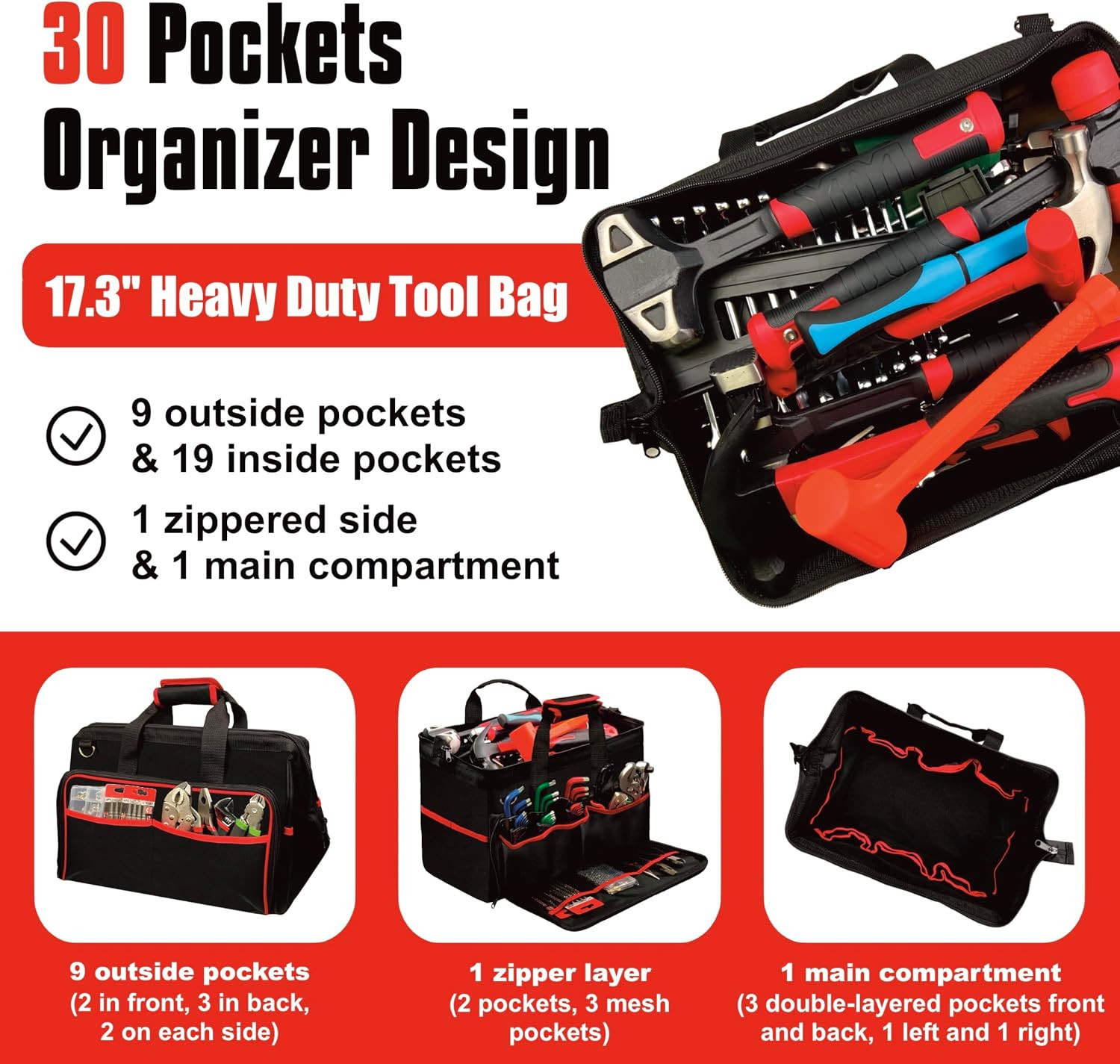 Heavy Duty Tool Bag, 17.3-Inch 30-Pocket Large Portable Adjustable Tool Organize