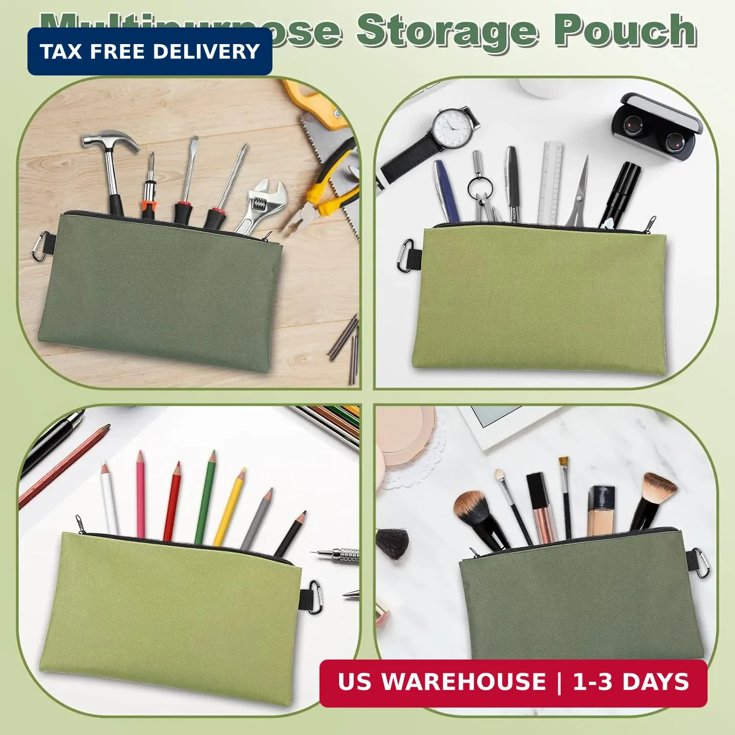2Pack Waterproof Tool Pouch Zipper Bag 12″ x 7″ Heavy Duty Storage with Carabine