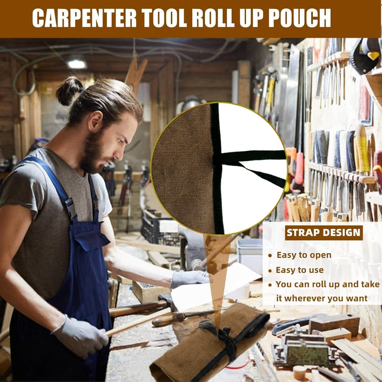Small Canvas Chisel Roll, Chisels Bag Tool Organizer with 4 Pockets, Metal Pry