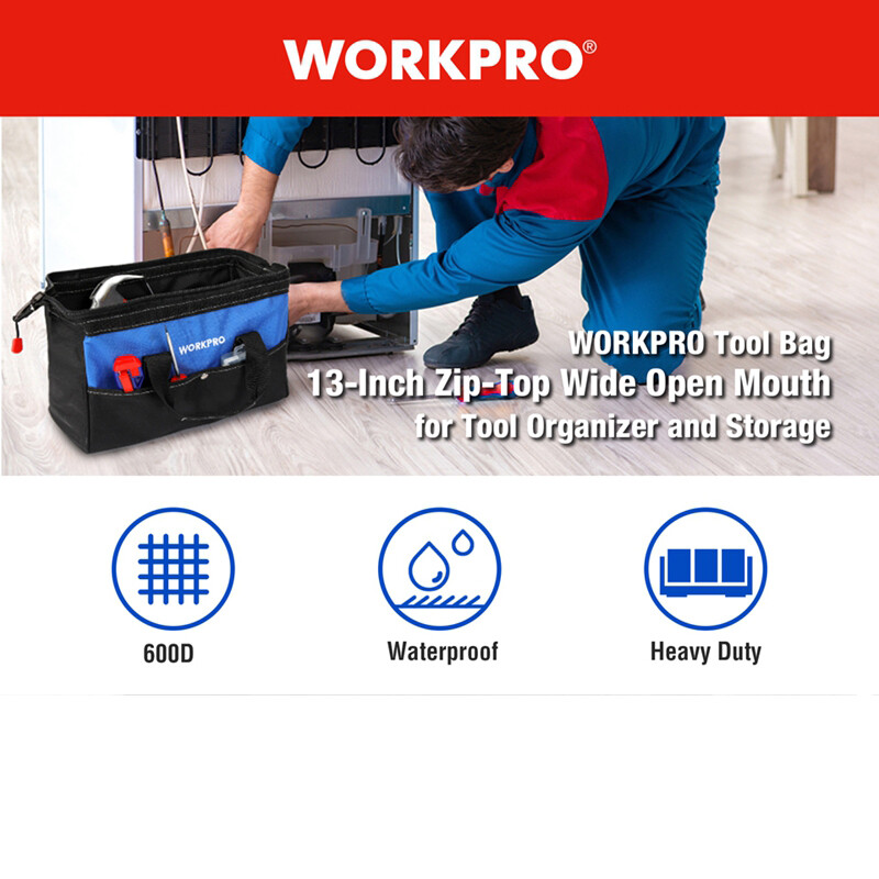 WORKPRO 13-Inch Tool Bag Wide Mouth Tool Tote Bag Tool Storage Bag Blue/Pink NEW