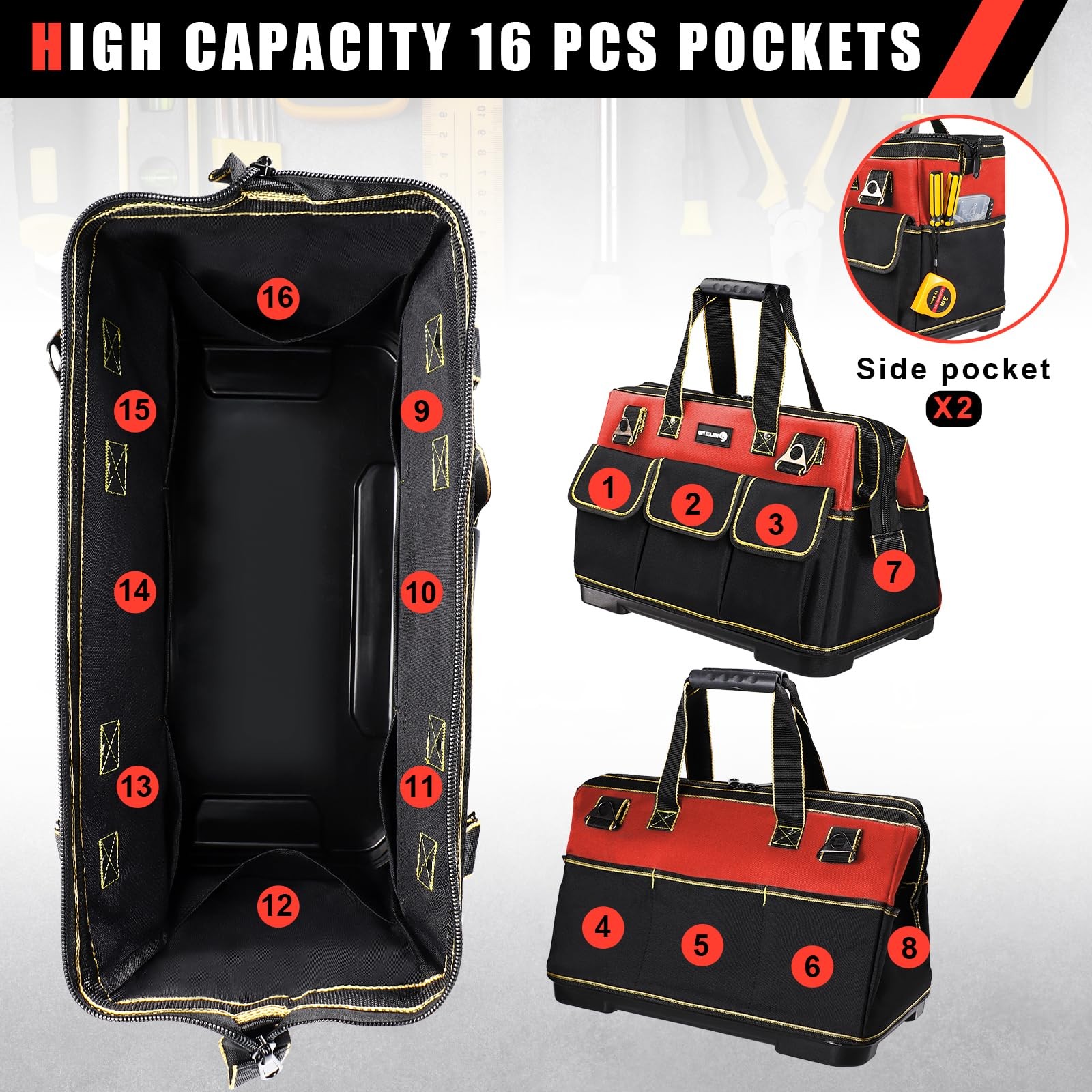 20 Inch Tool Bag Waterproof Molded Base Wide Mouth Tote Organizer Red Bag