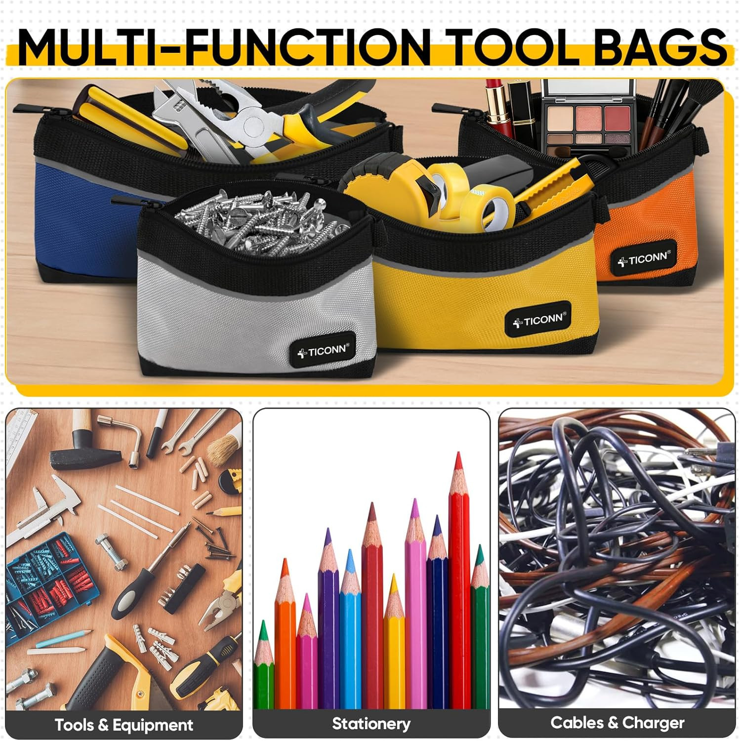 TICONN Tool Pouches with Zipper, 1680D Oxford Small Tool Bags, Waterproof Utilit