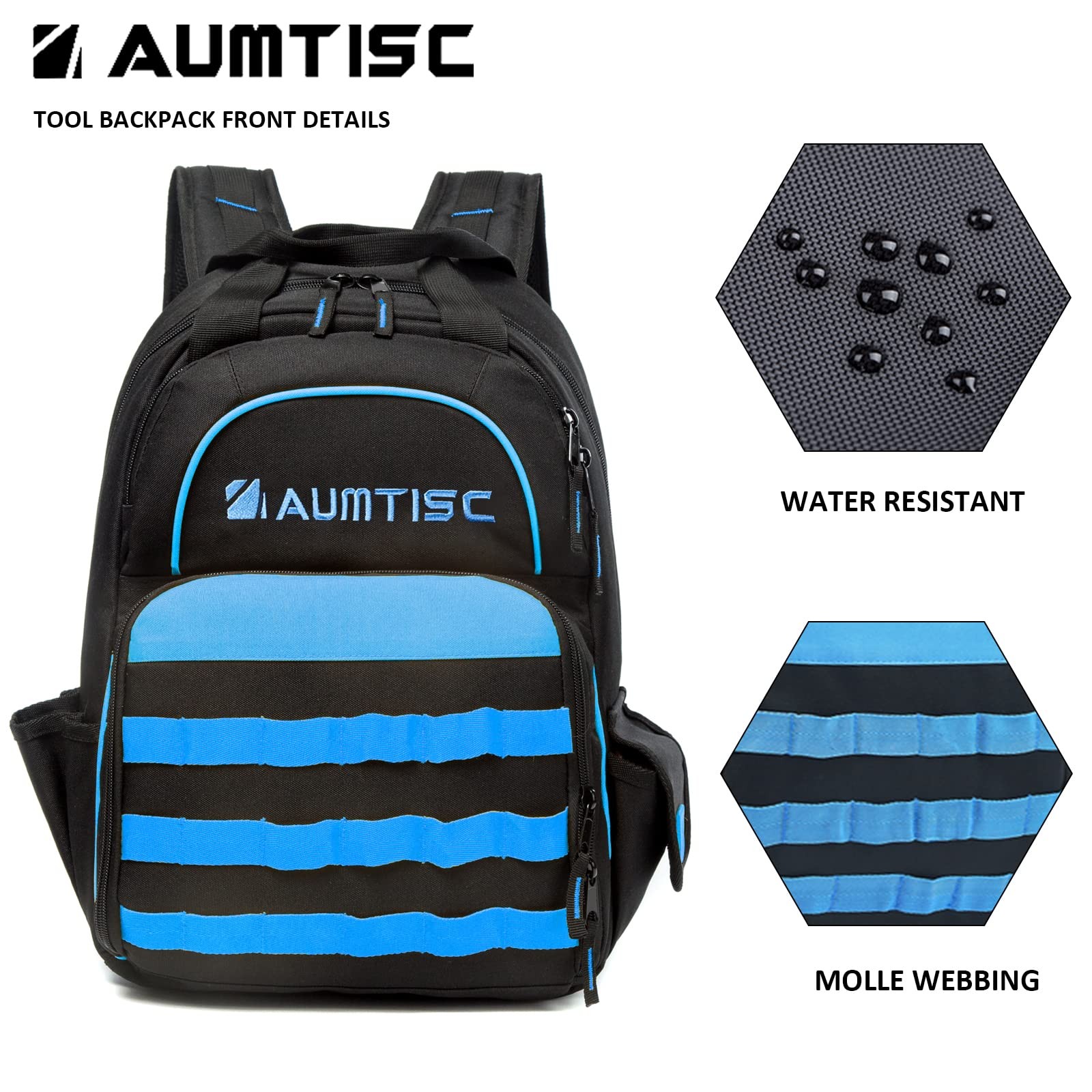 AUMTISC Tool Bag Backpack for Men, Heavy-Duty Tools Storage Organizer L, Blue