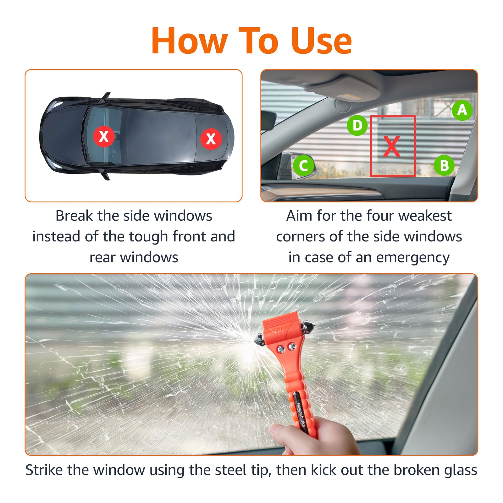 Tungsten Emergency Escape Tool 2-PACK | Window Hammer Seat-belt Cutter | Orange