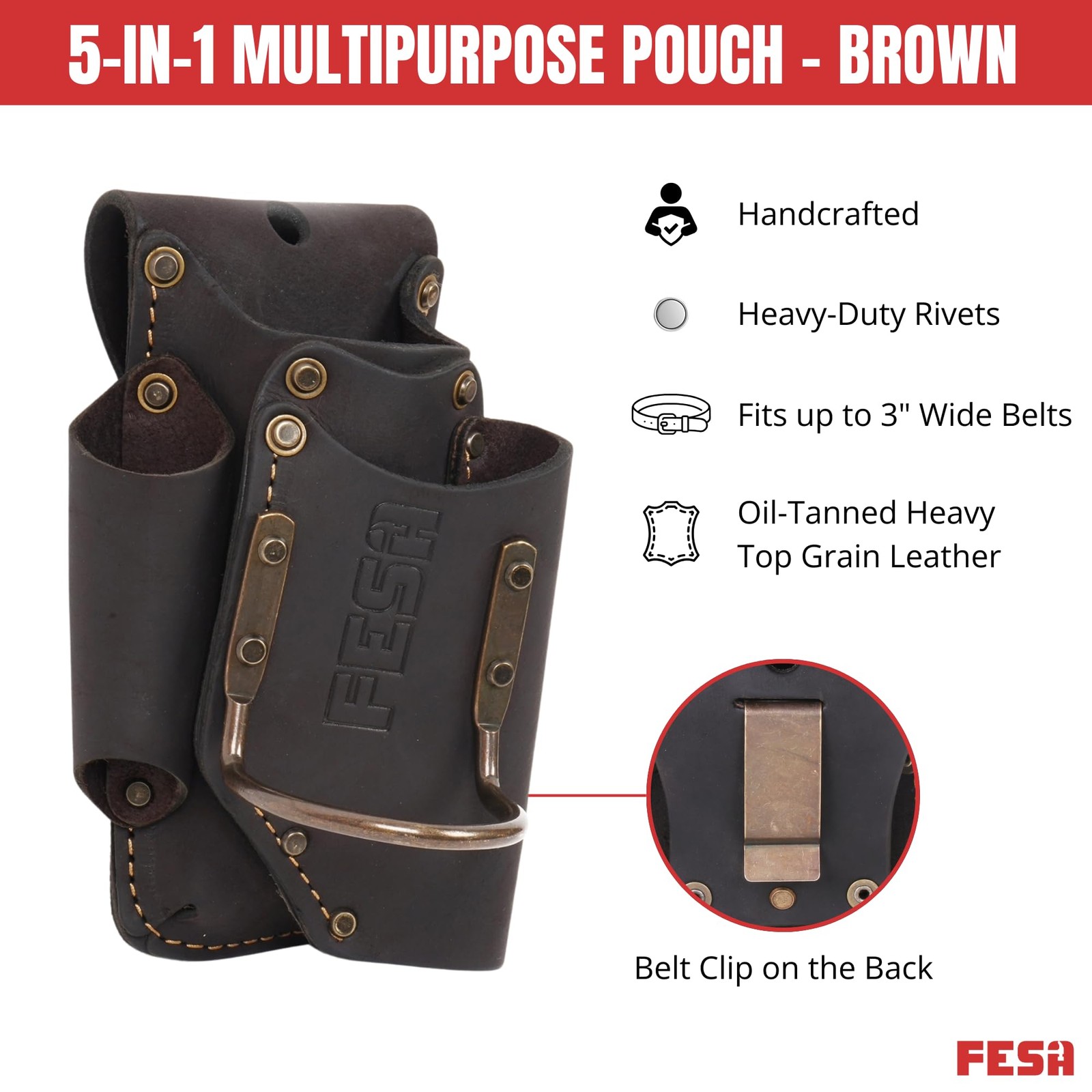 Small Leather Tool Pouch 5in1 Heavy Top Grain Steel Hammer Loop 3 Inch