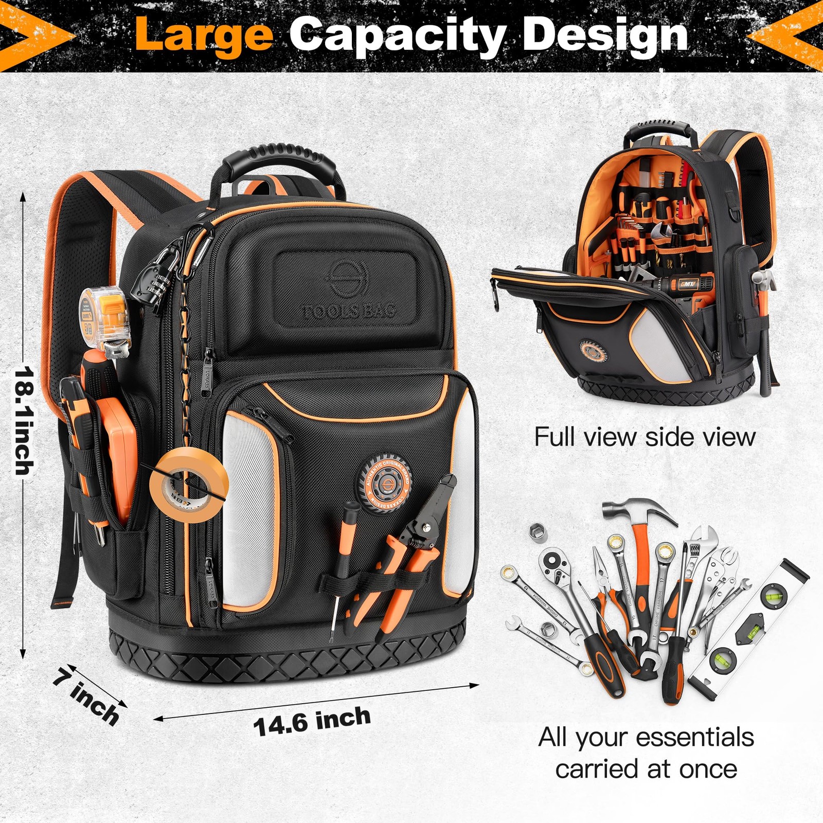 LOKASS 18.1-Inch Tool Backpack, 75 Pockets, Black 14.6″L x 7″W x 18.1″H,