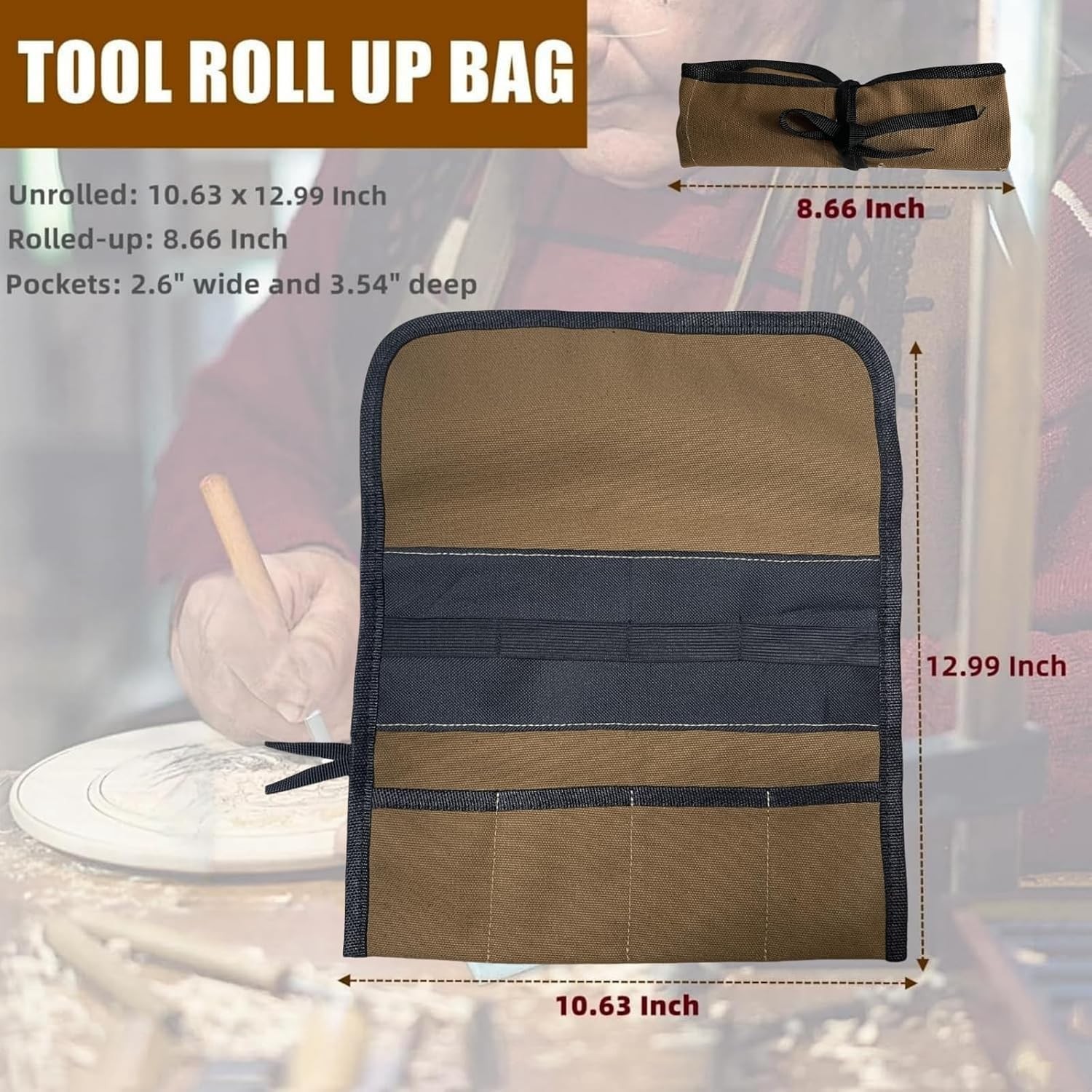 Small Canvas Chisel Roll, Chisels Bag Tool Organizer with 4 Pockets, Metal Pry