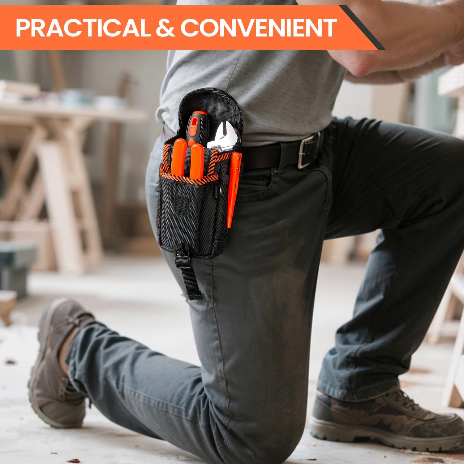 Tool Belt Pouch, Heavy Duty Utility Holder with Mesh Pocket, Black and Orange