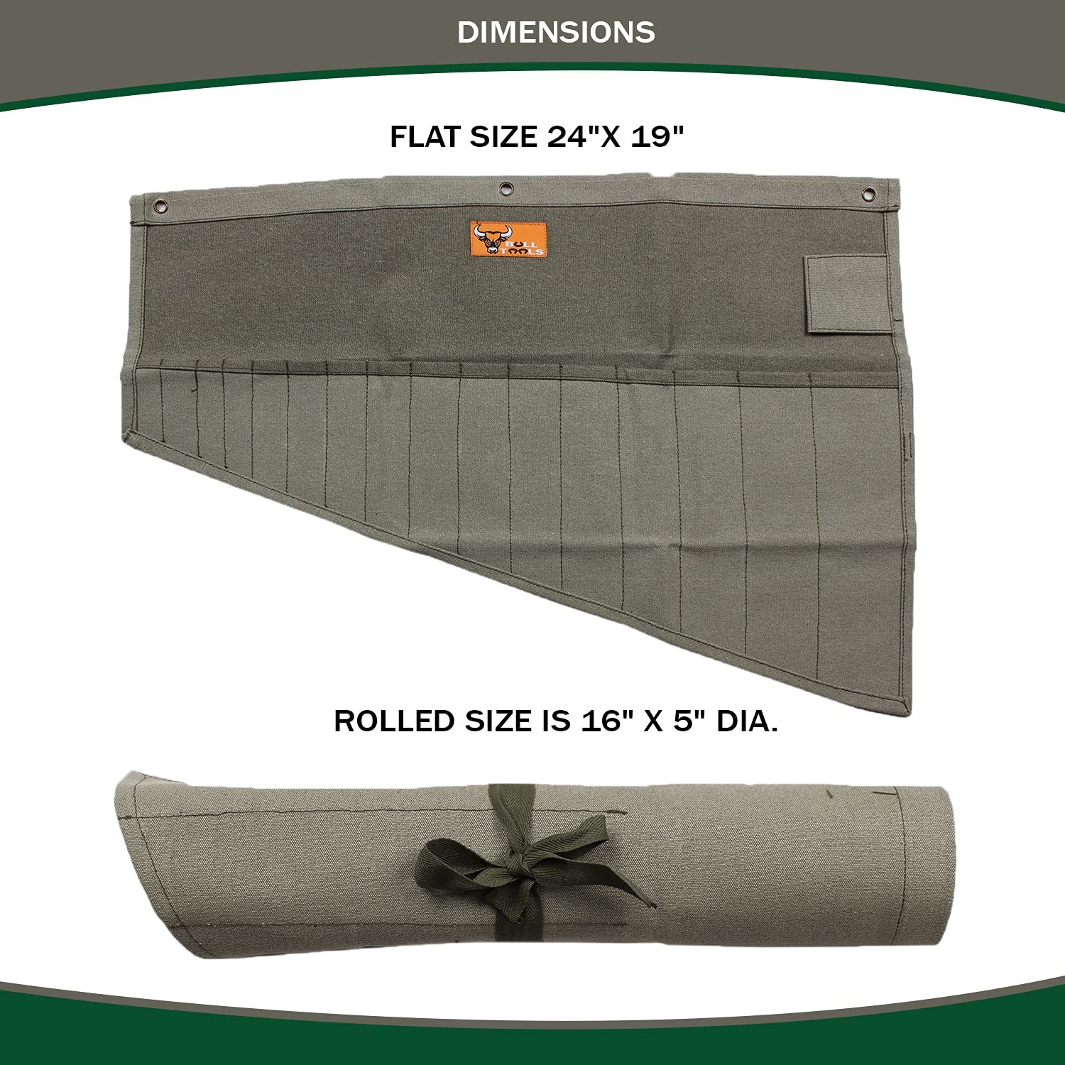 BULL TOOLS Wrench Roll, 16 Pocket Tool Large (16 – PKT), Washed Olive Drab