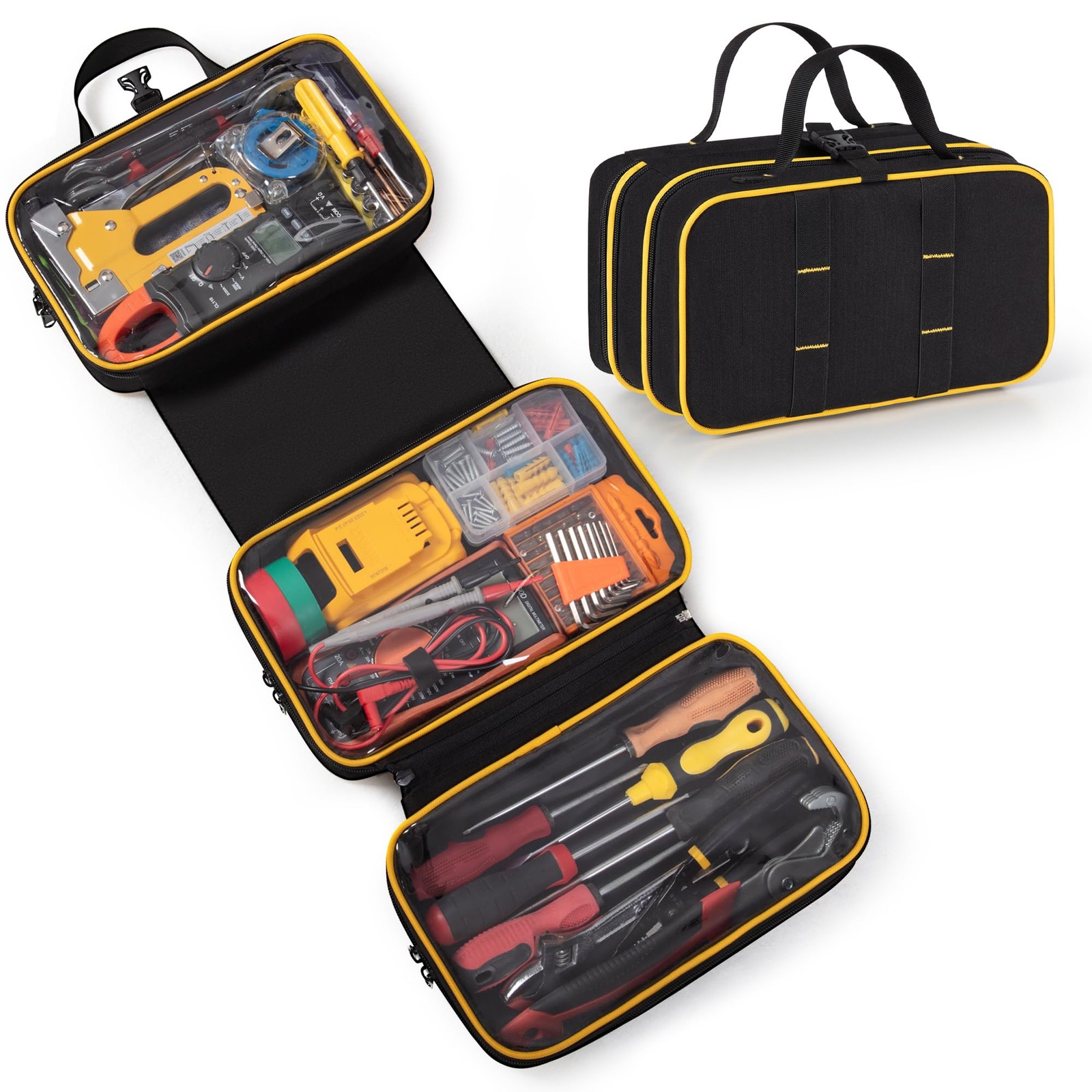 Roll Up Tool Bag with 3 Clear Window Cases (One Detachable), Tri-fold Tool Bag O