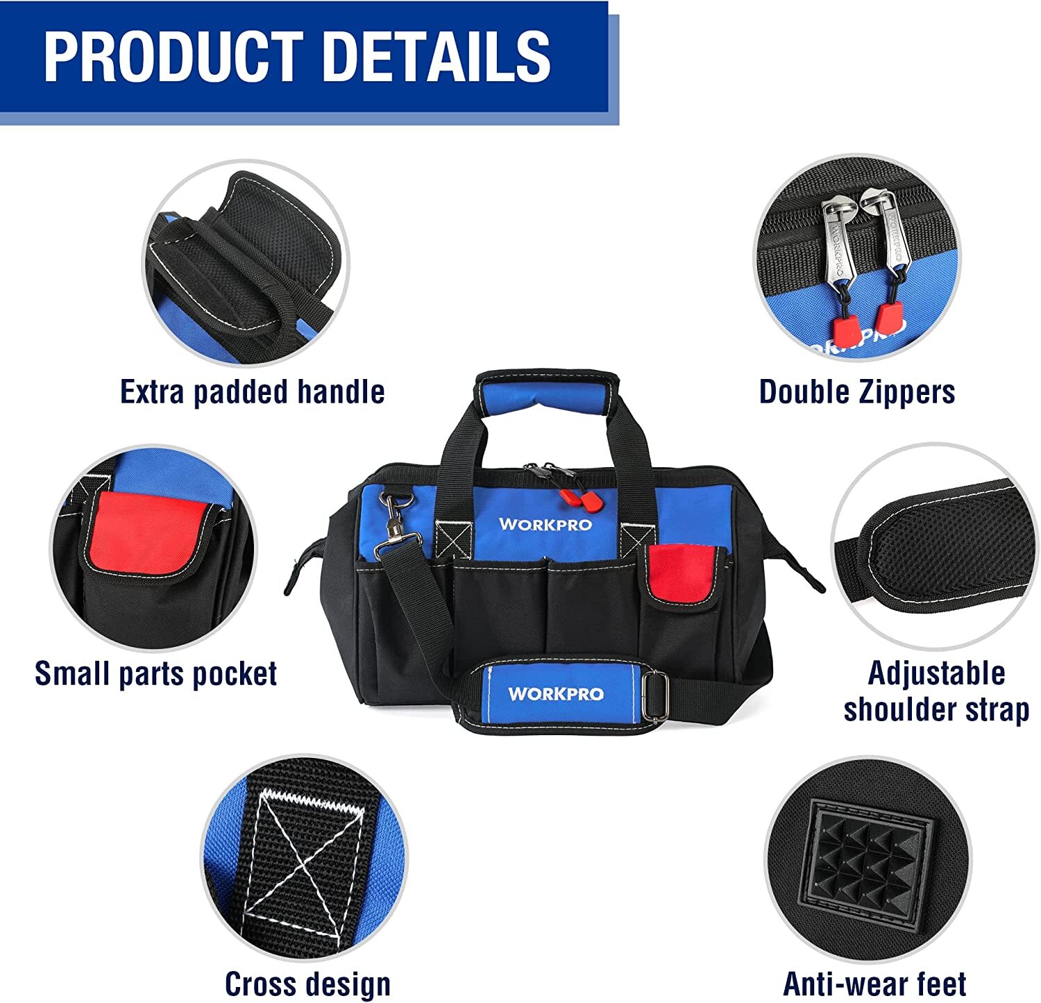 WORKPRO 14″ Tool Bag 13 Pockets Close Top Wide Open Mouth w/Adjustable Shoulder