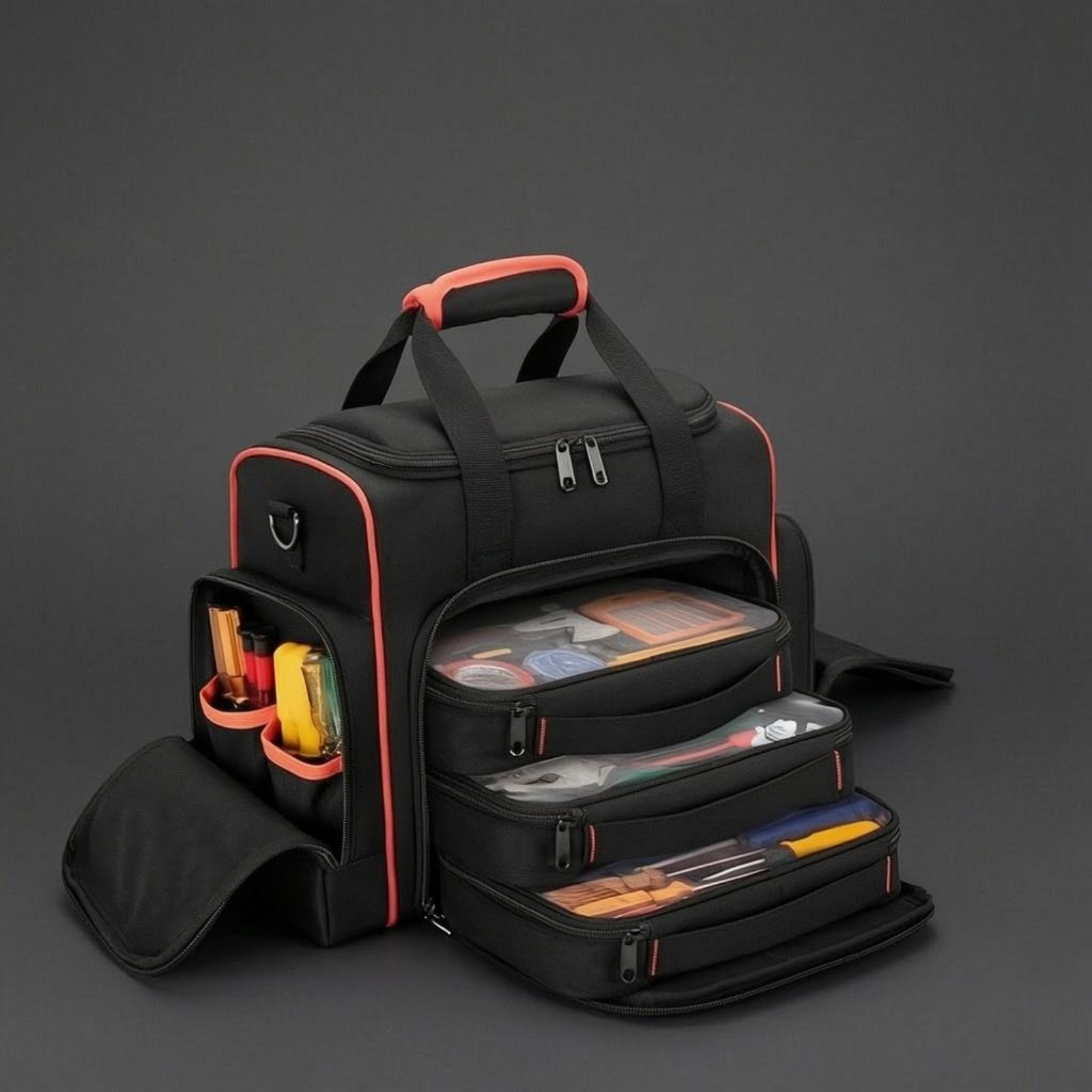 Electrician Tool Bag Tangerine-Accented Three-Piece for Work Location