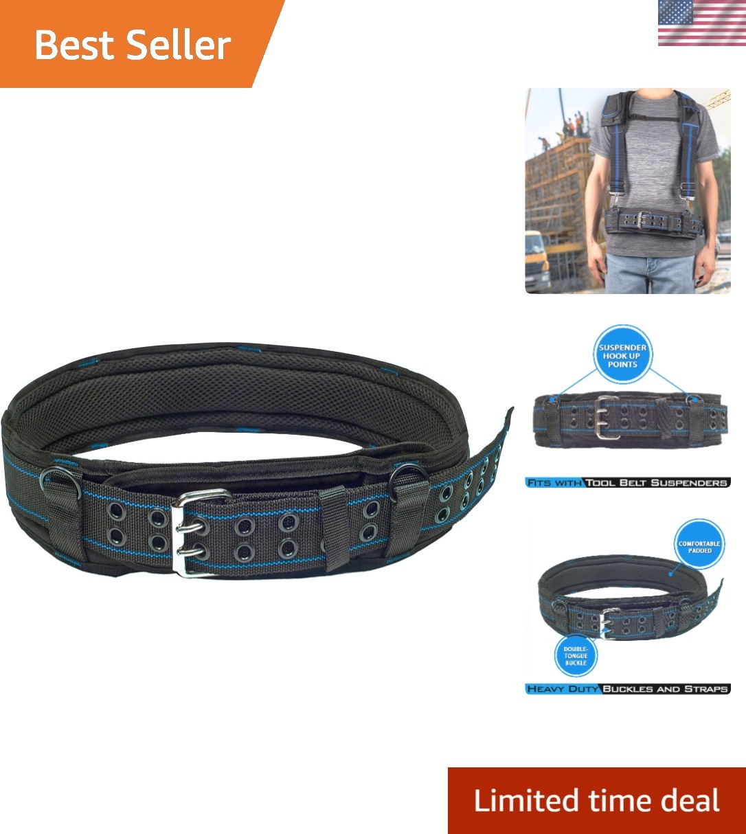3 inch Padded Tool Belt Work Tool Belt for Heavy Duty WorkBlue and Black