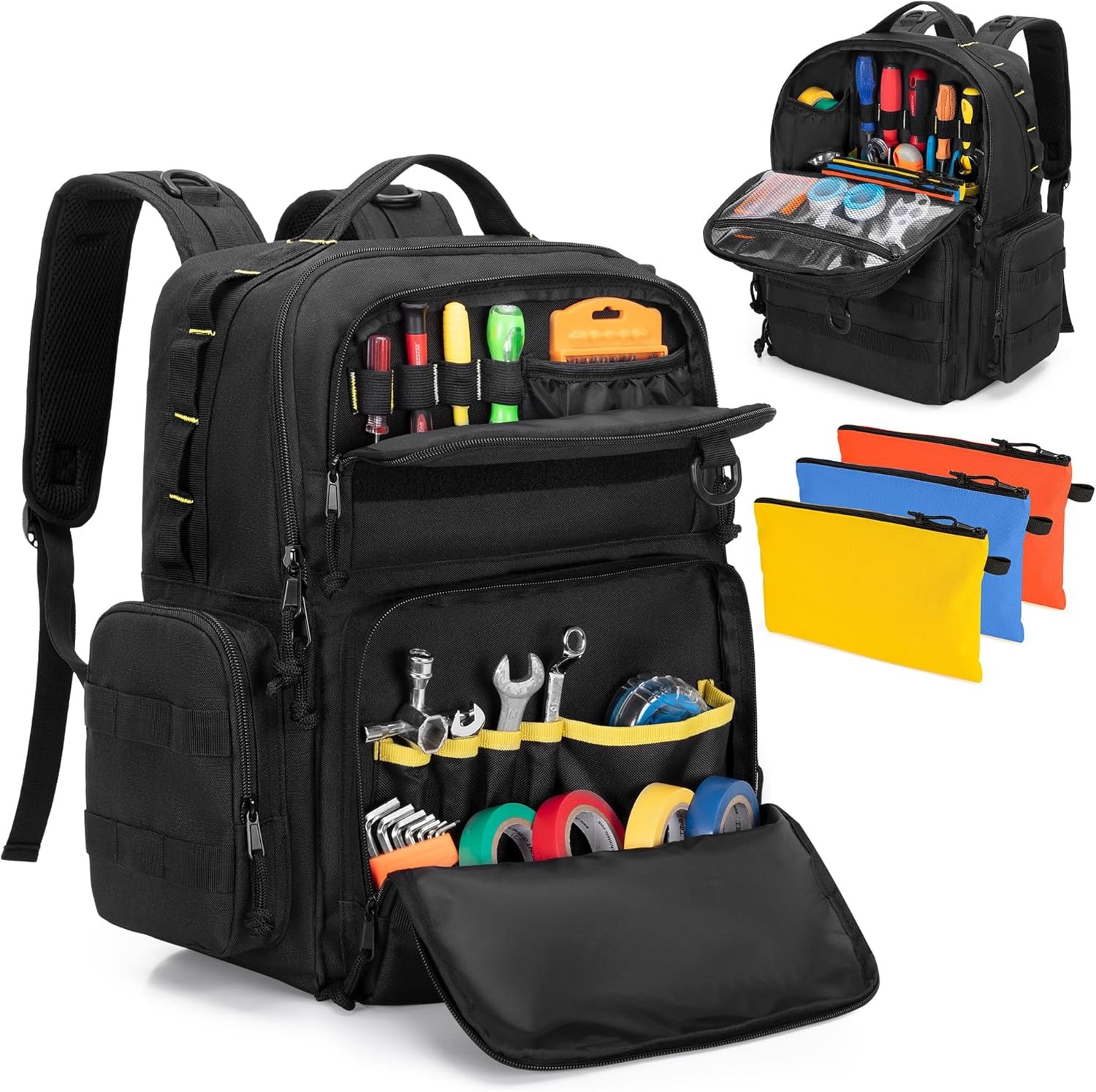 Tool Bag Backpack for Men with 3 Tool Pouches, Heavy-Duty Tool Storage Organizer