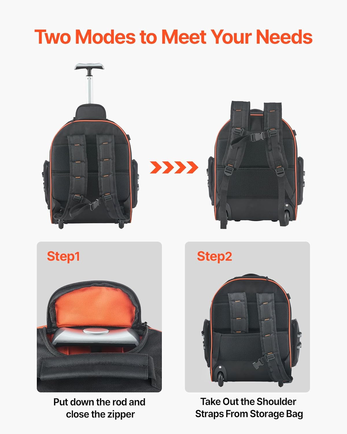 Rolling Tool Backpack, 110 Lbs Load Capacity, 45 Pockets Heavy Duty Roller Tool