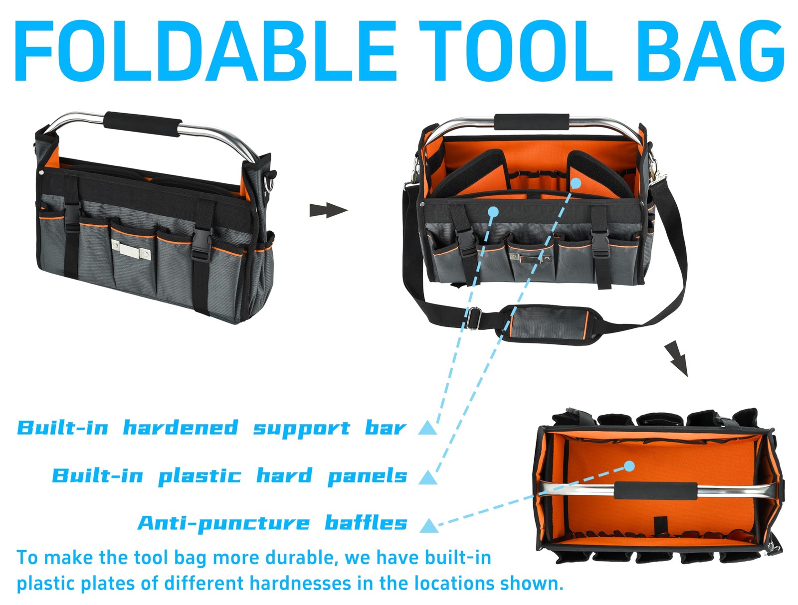 16 Inch Open Top Tool Bag, Foldable 29 Pockets Tool Tote Bags with Handle & P…