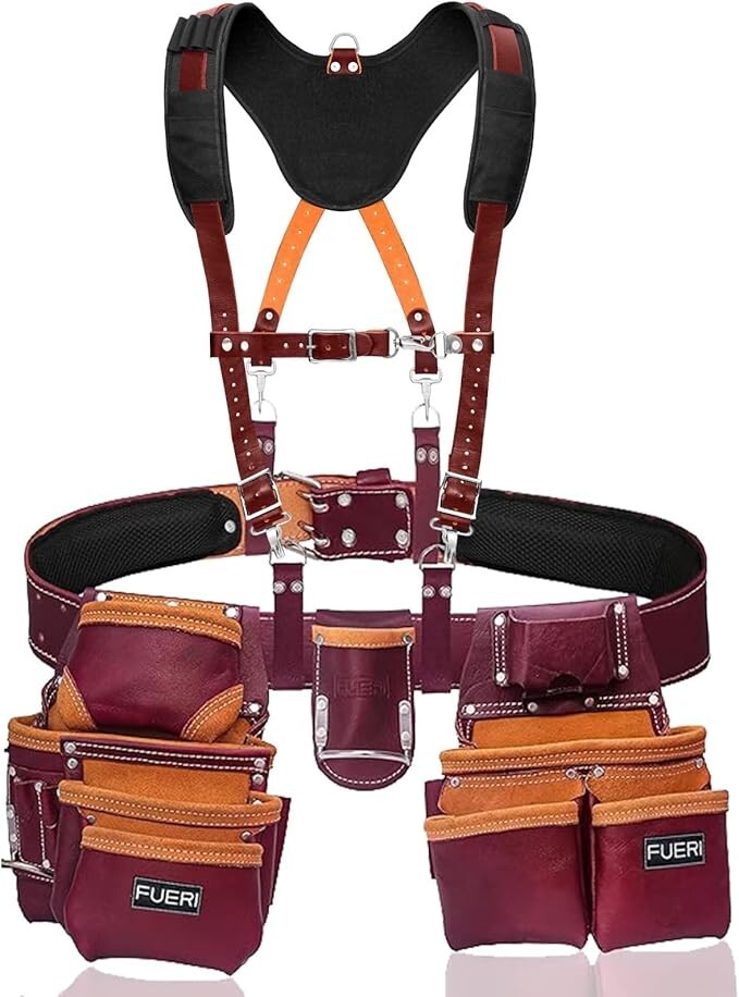 FUERI Leather Tool Belt With Suspender Heavy Duty Carpenter Construction