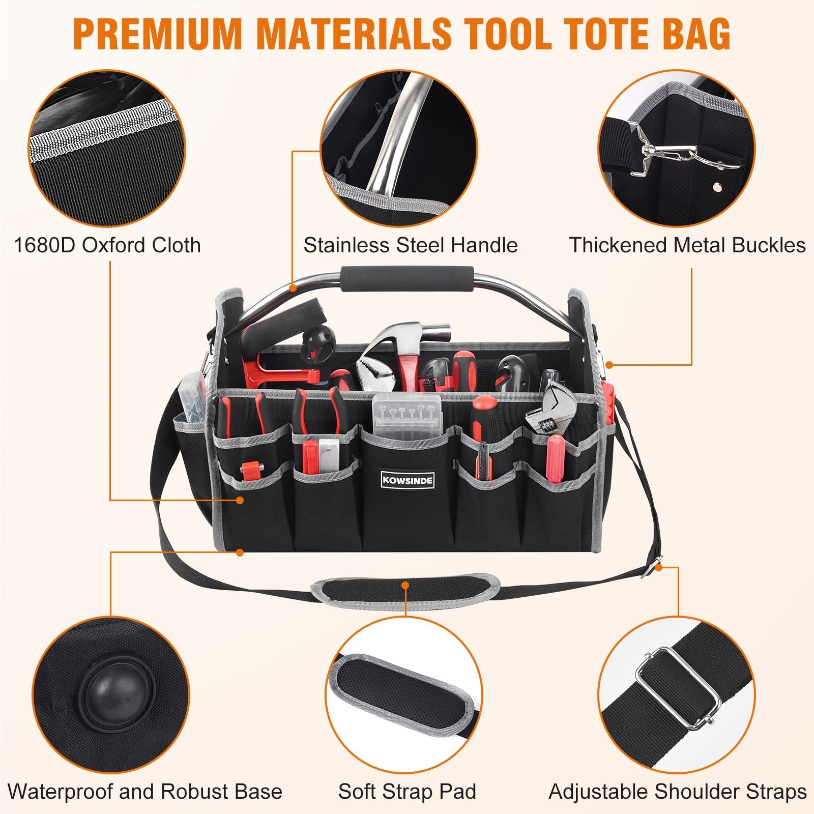 16″ Electrician Tool Bag – Open Top, 26 Pockets, Steel Handle, Removable Strap