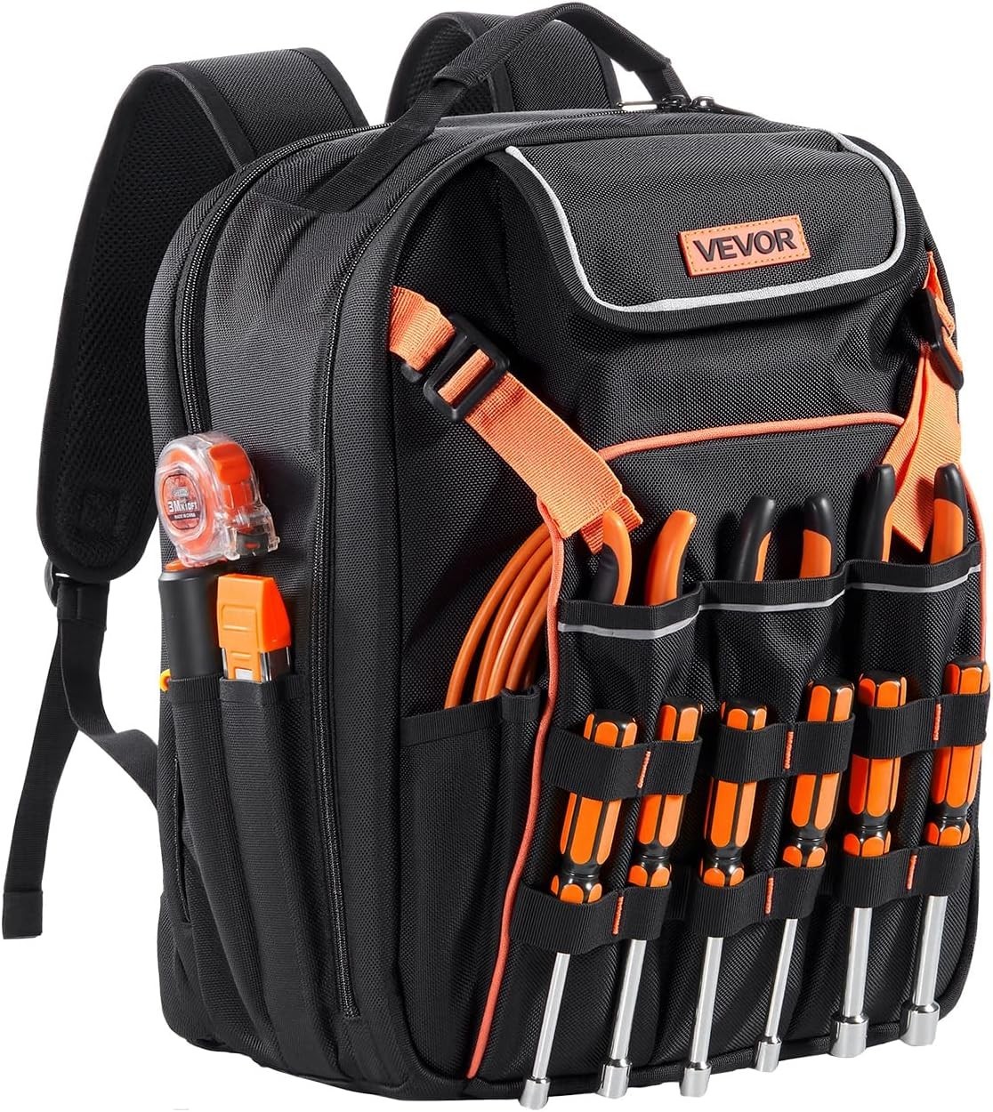 Ergonomic Jobsite Tool Backpack: 45 Pockets, Reflective Strips & Reinforced Base