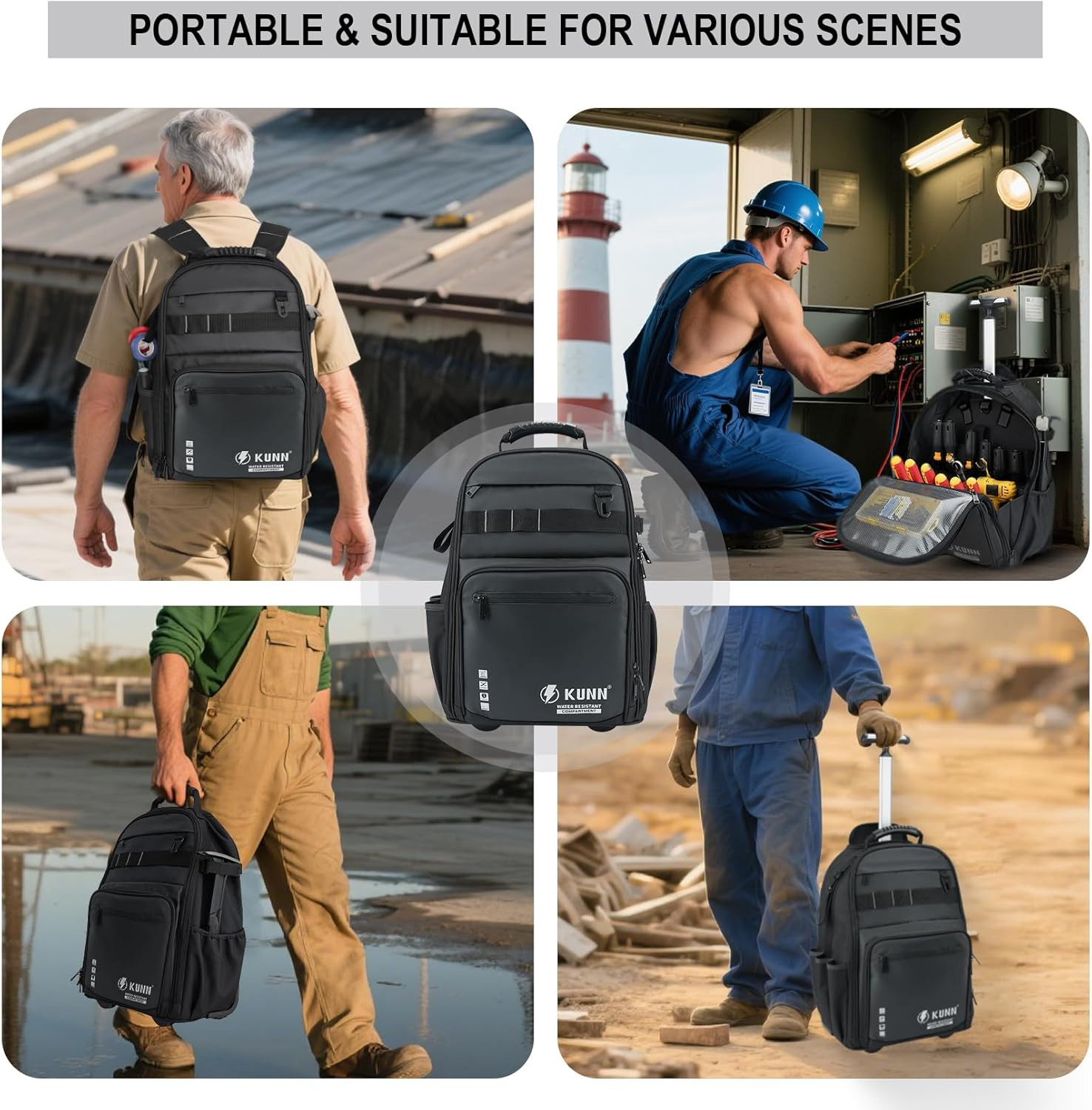 Waterproof Heavy Duty Rolling Tool Backpack with 47 Pockets – Black