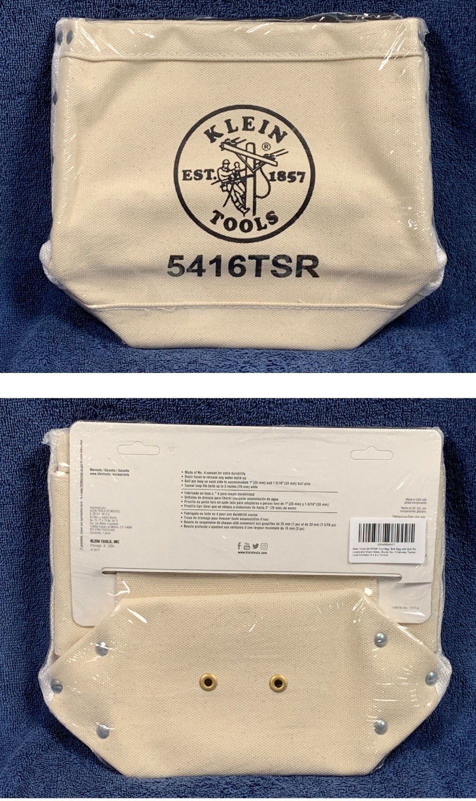 Klein Tools 5416TSR Canvas Tool Bag Bolt Bag Bull Pin Loops Drain Holes