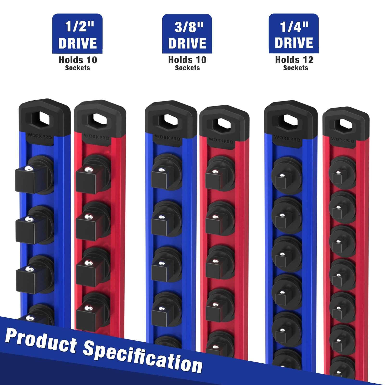6 Piece Magnetic Socket Organizer Aluminum Socket Rail Holder 1/4″ 3/8″ 1/2″ Red