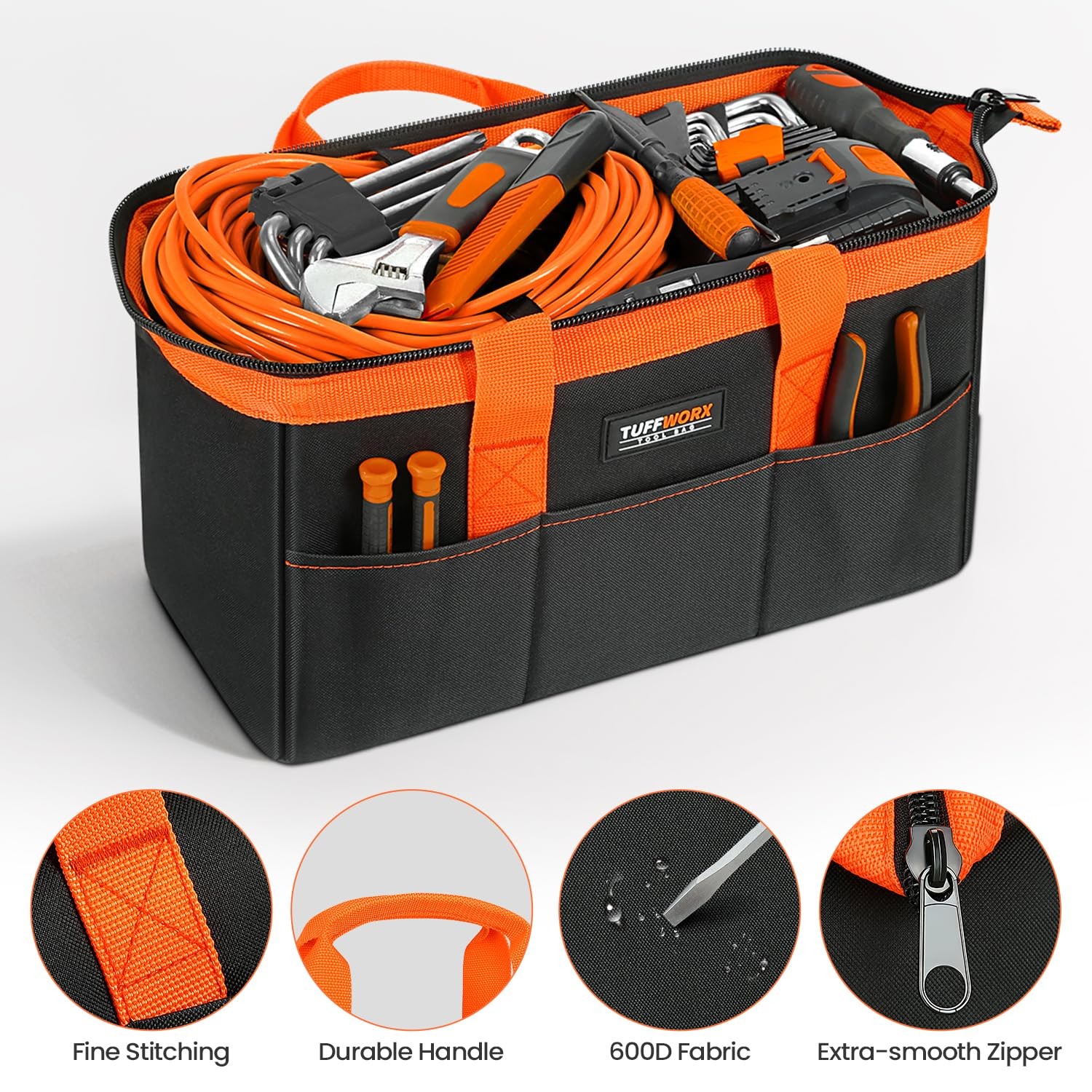 Large Tool Bag Organizer 18 Pockets 15.7×11.4×9.8 Inch Heavy Duty 600D