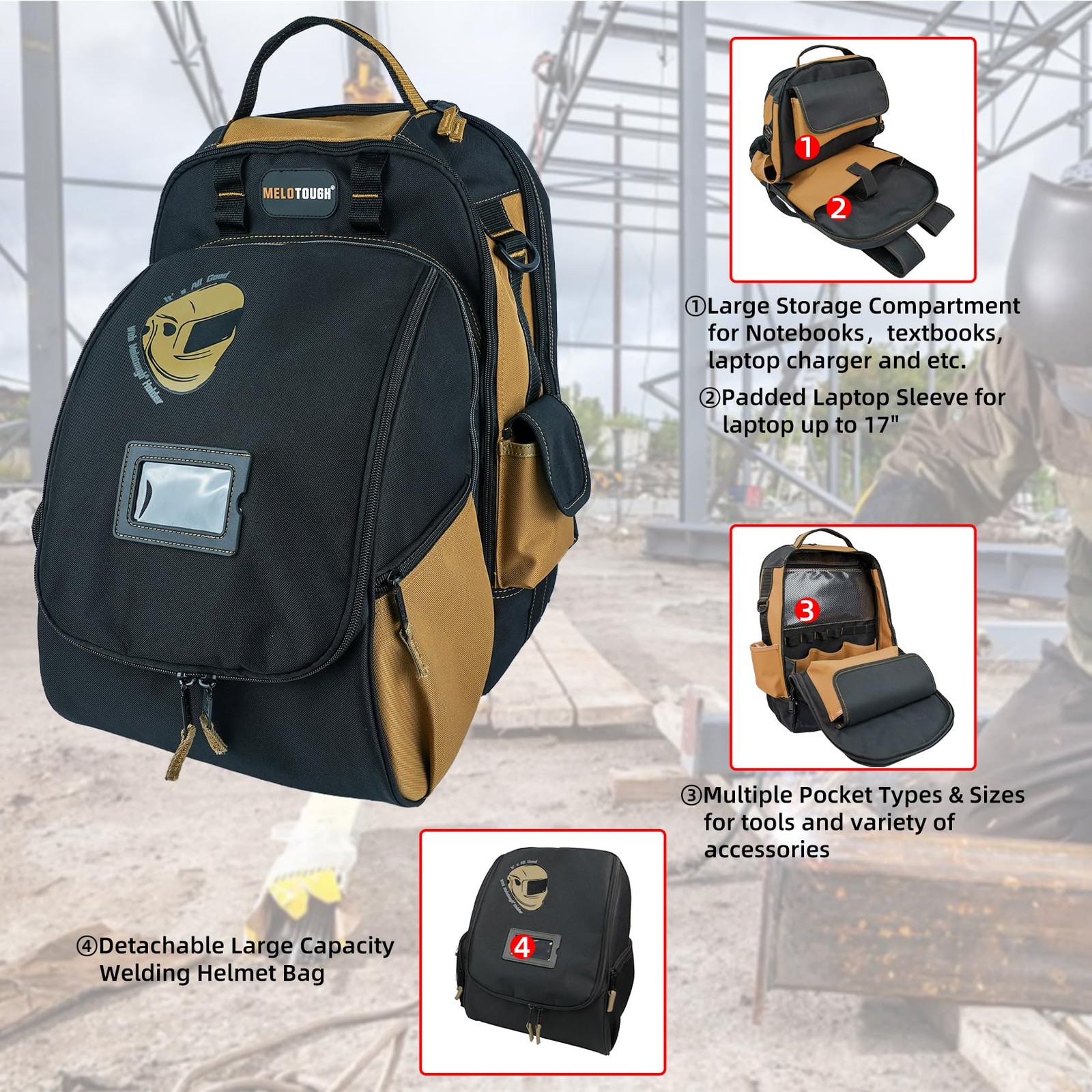 MELOTOUGH Electricians Tool Bag Backpack Welding Helmet Bag Heavy Duty Tool B…
