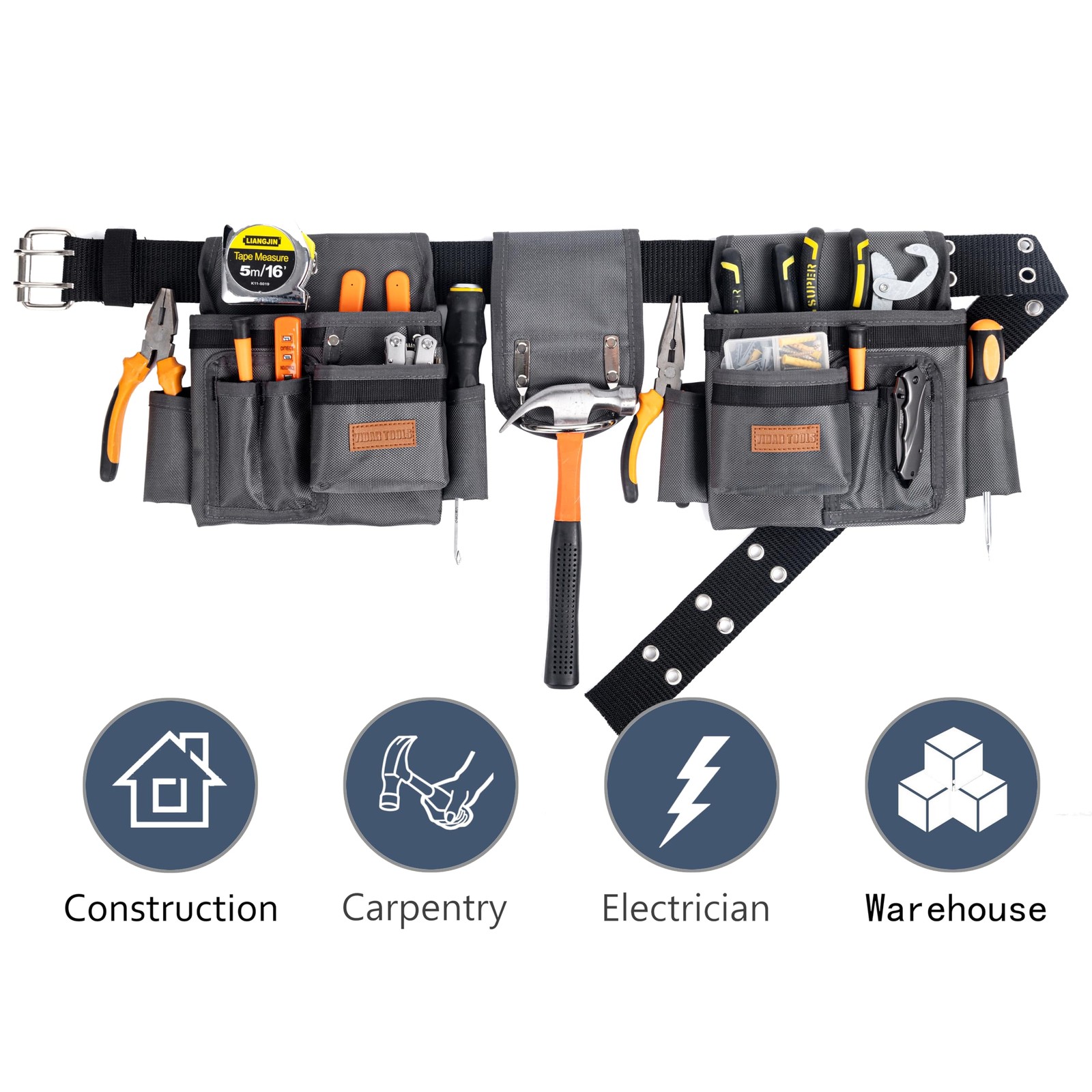 VIDAR TOOLS Tool Belt,12 Pockets Belts for Men, Heavy One Size, Grey