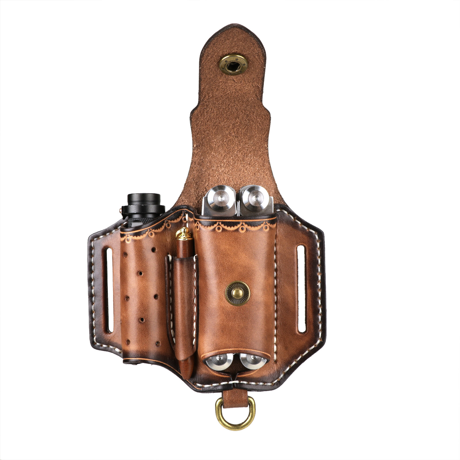 TOURBON Leather Knife Sheath EDC Plier Belt Holder Pouch Flashlight Tool Holster