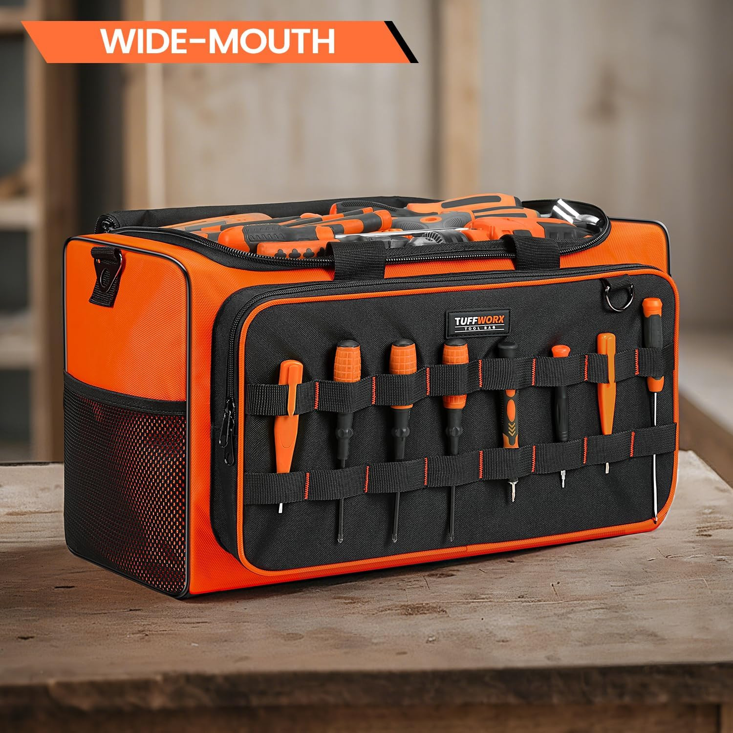 Durable Heavy Duty Tool Bag, 2 Pockets, 19.7″x11.8″x10.6″, Black & Orange