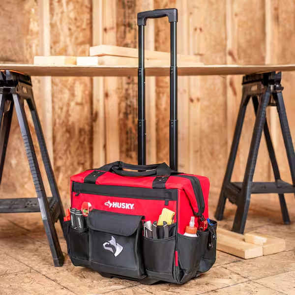 18in Rolling Tool Bag 18 Pocket Heavy-Duty Telescoping Handle Wheels Red