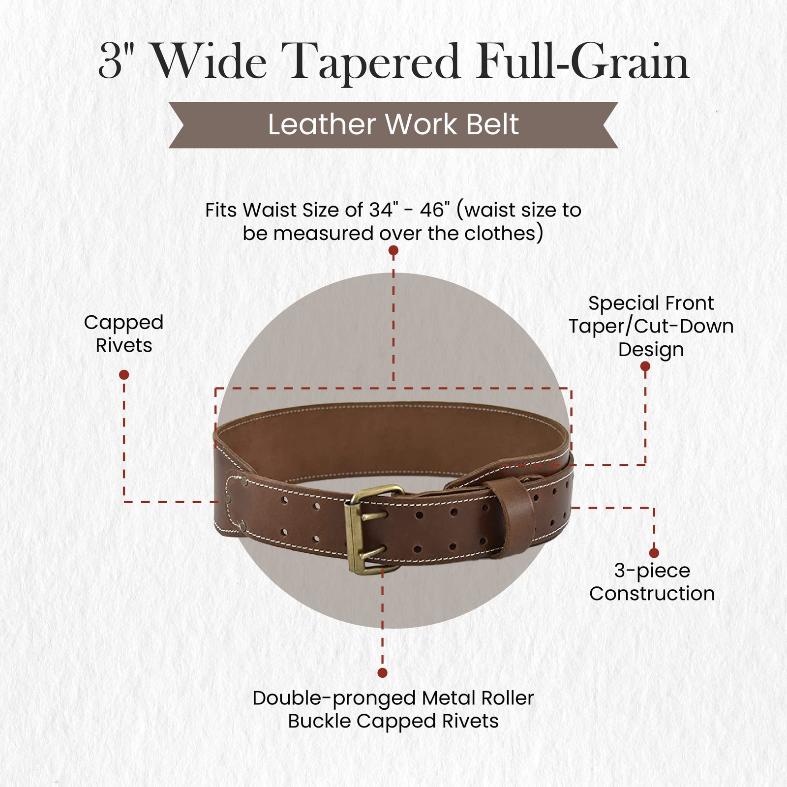 – 3″ Wide Tapered Full-Grain Leather Work Belt, Durable and Rugged Belt, Dark…