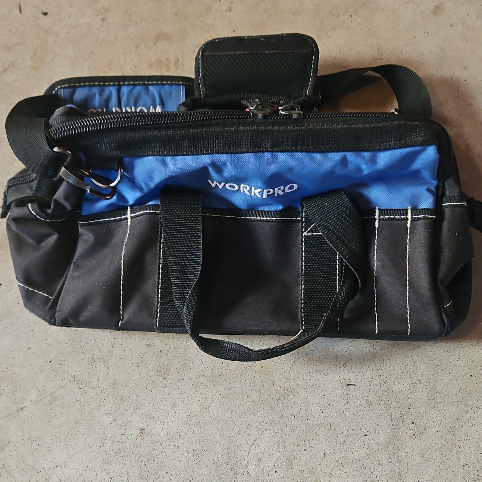 WORKPRO Black Blue Tool Bag Fabric Shoulder Strap Multiple Pockets Handle