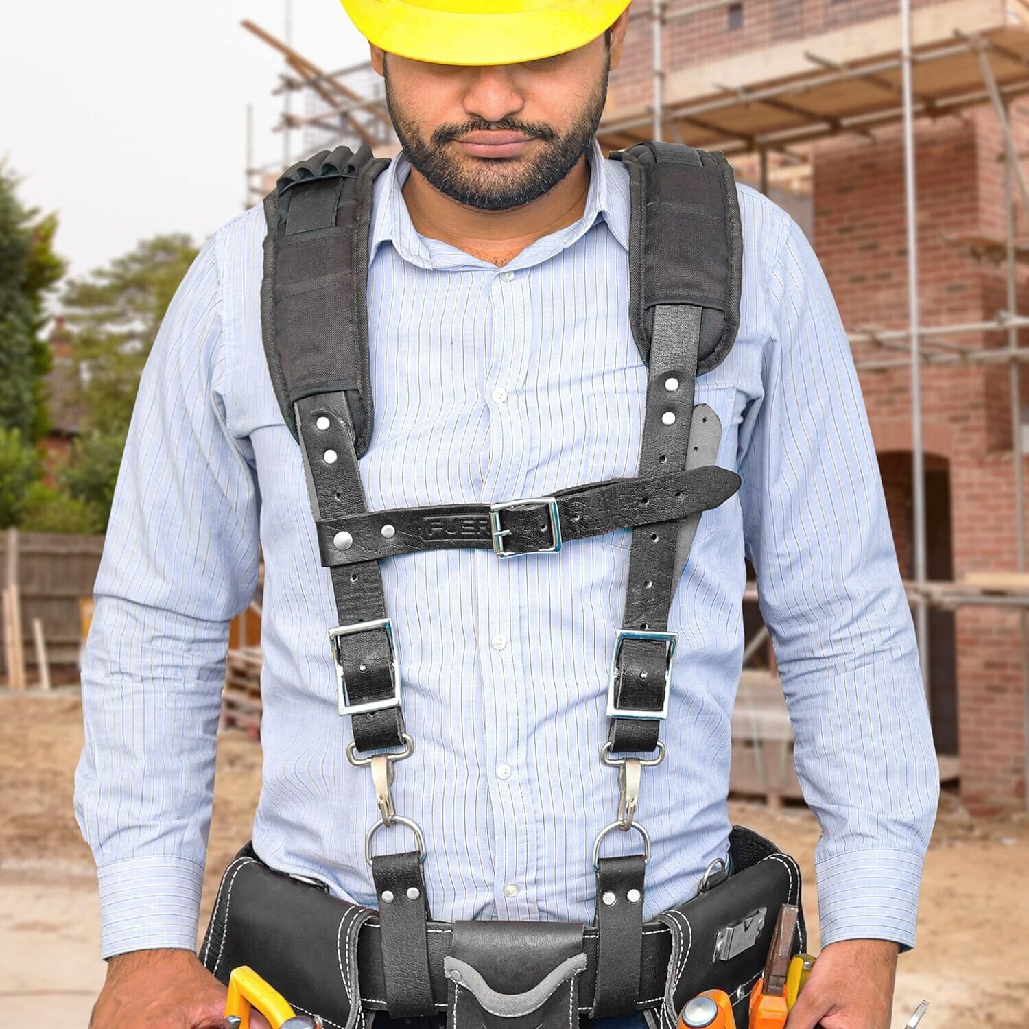 Leather Tool Pouch Framers Padded Adjustable carpenter Tool belt with suspenders