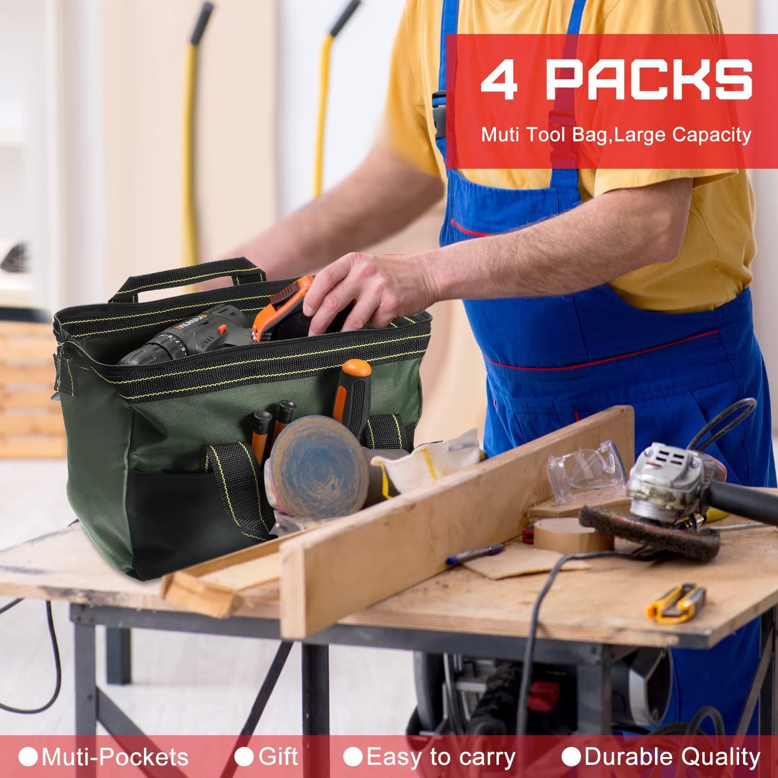 Waterproof Tool Bag Strong Molded Base Multi Pockets Wide Mouth Tote 4 PCS